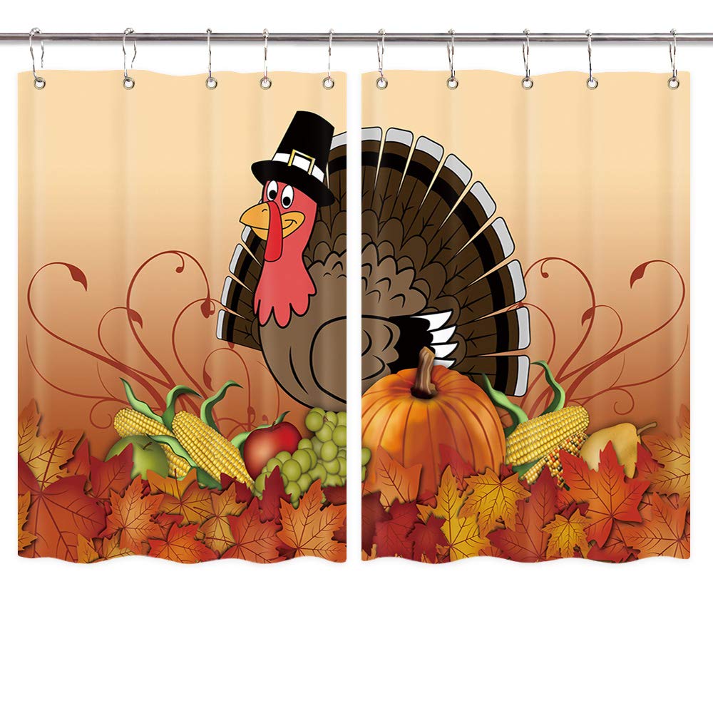Premium Thanksgiving Kitchen Curtains Set - 2 Panels with Cartoon Turkey & Pumpkin Fall Leaves Design (55x39 Inches) | Autumn Window Drapes with Hooks for Dining Room & Cozy Home Decor