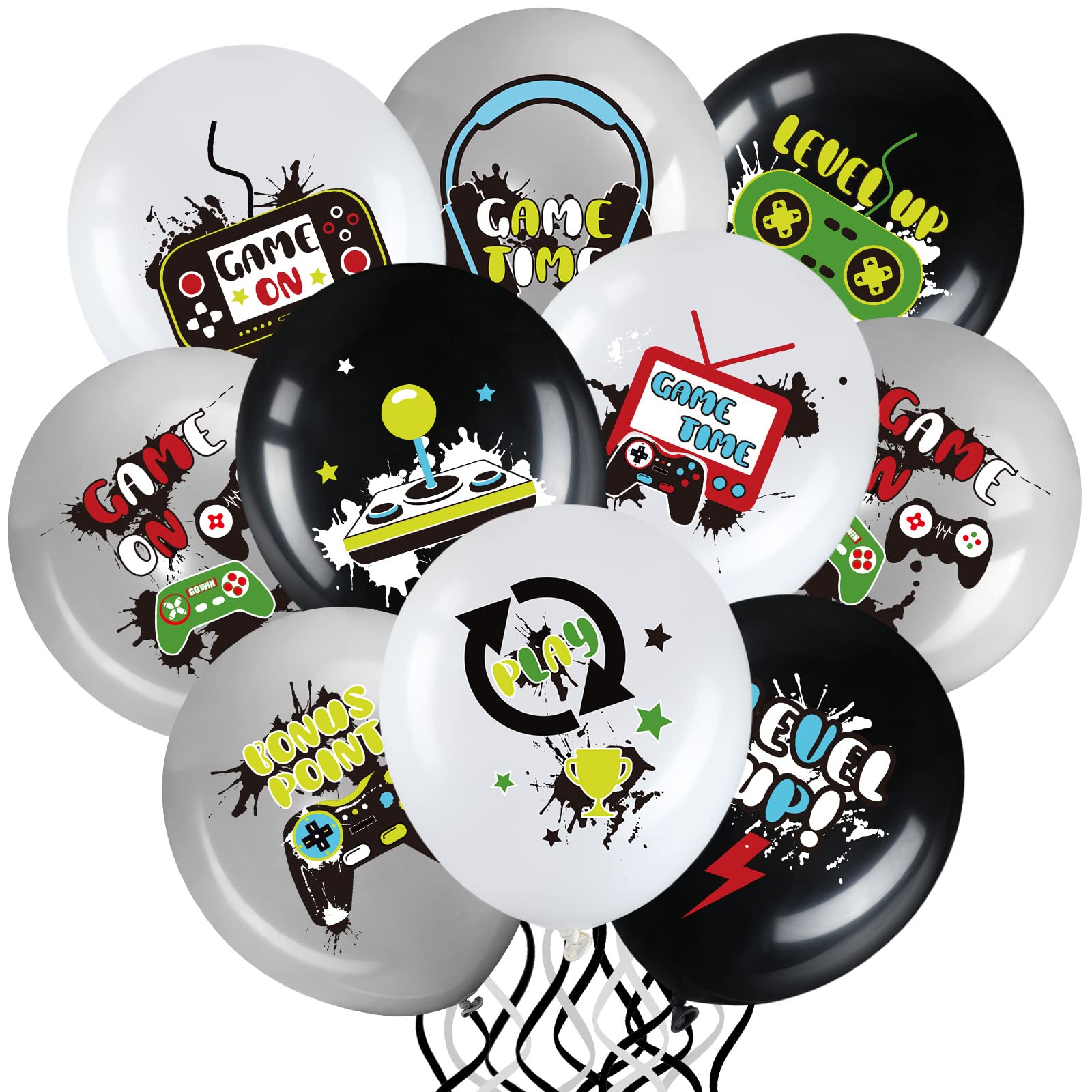 36-Piece Video Game Themed Latex Balloons Set - Black, White & Gray Gaming Party Decorations for Teen Birthday, Game Night & Esports Events