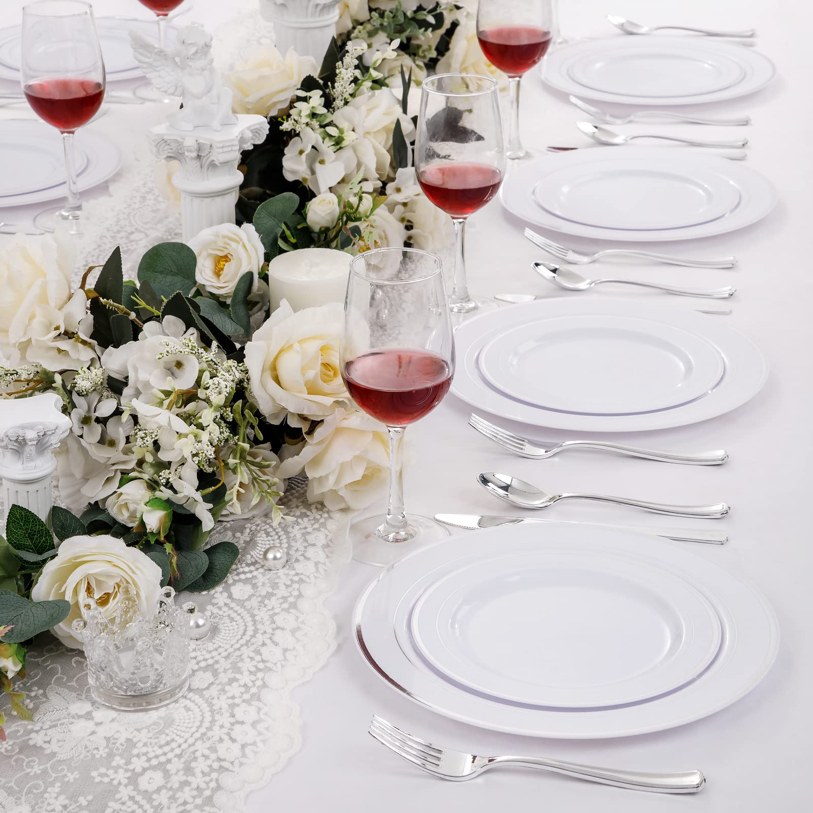 WELLIFE 200-Piece Silver Plastic Party Plates Set - Disposable Dinnerware for Events, Includes 40 Dinner Plates, 40 Dessert Plates & 40 Silver Plastic Cutlery - Perfect for Weddings, Birthdays & Catering Events