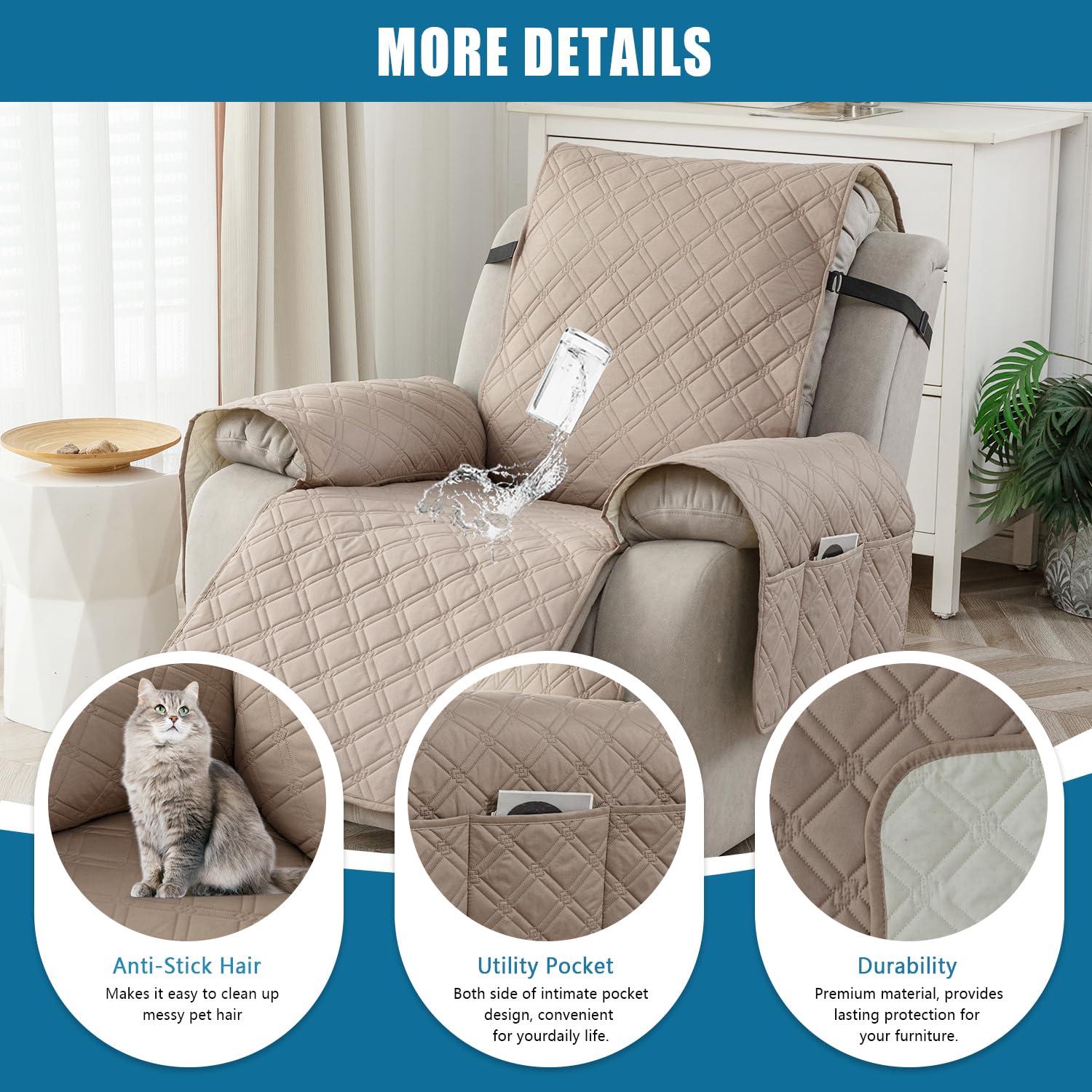 100% Waterproof Recliner Chair Cover - Non Slip Furniture Protector with Storage Pocket | Washable, Pet & Kid Friendly Sofa Protector (Taupe, 23