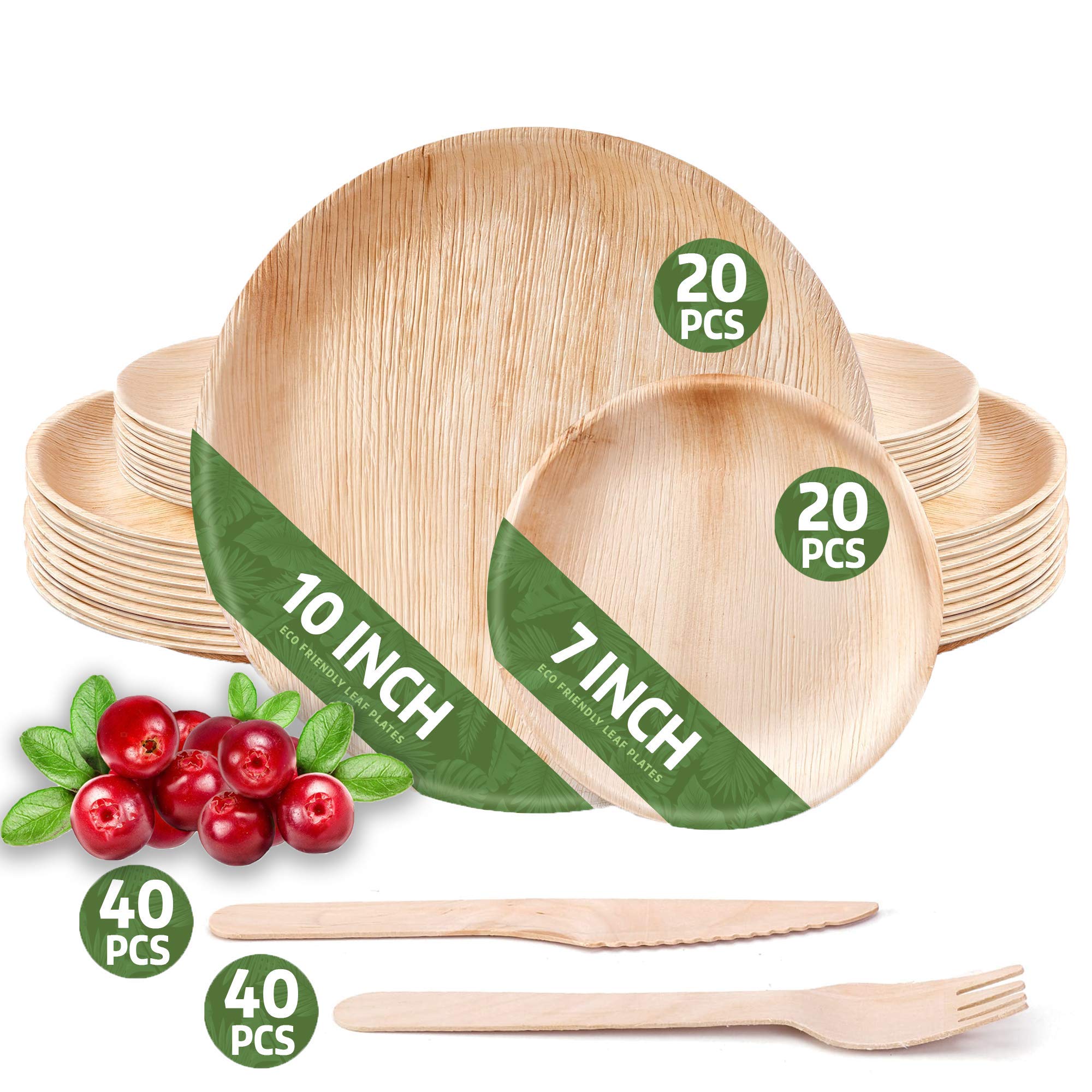 120 Pack Eco-Friendly Round Palm Leaf Plates Set - 40 Biodegradable 7-10