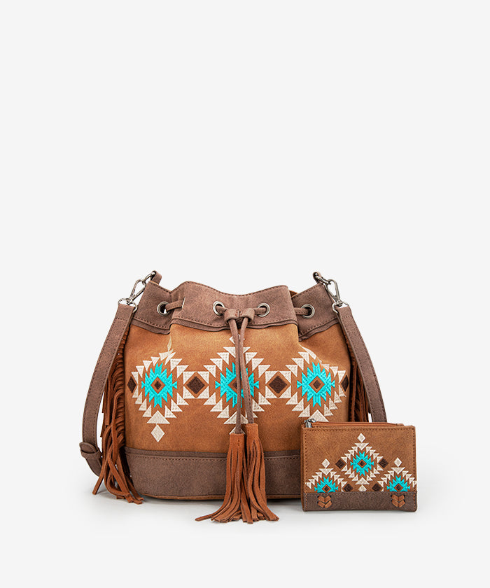 Montana West Aztec Fringe Bucket Bag Set for Women - Stylish Leather Crossbody Purse with Adjustable Strap, Perfect for Travel, Shopping & Everyday Use