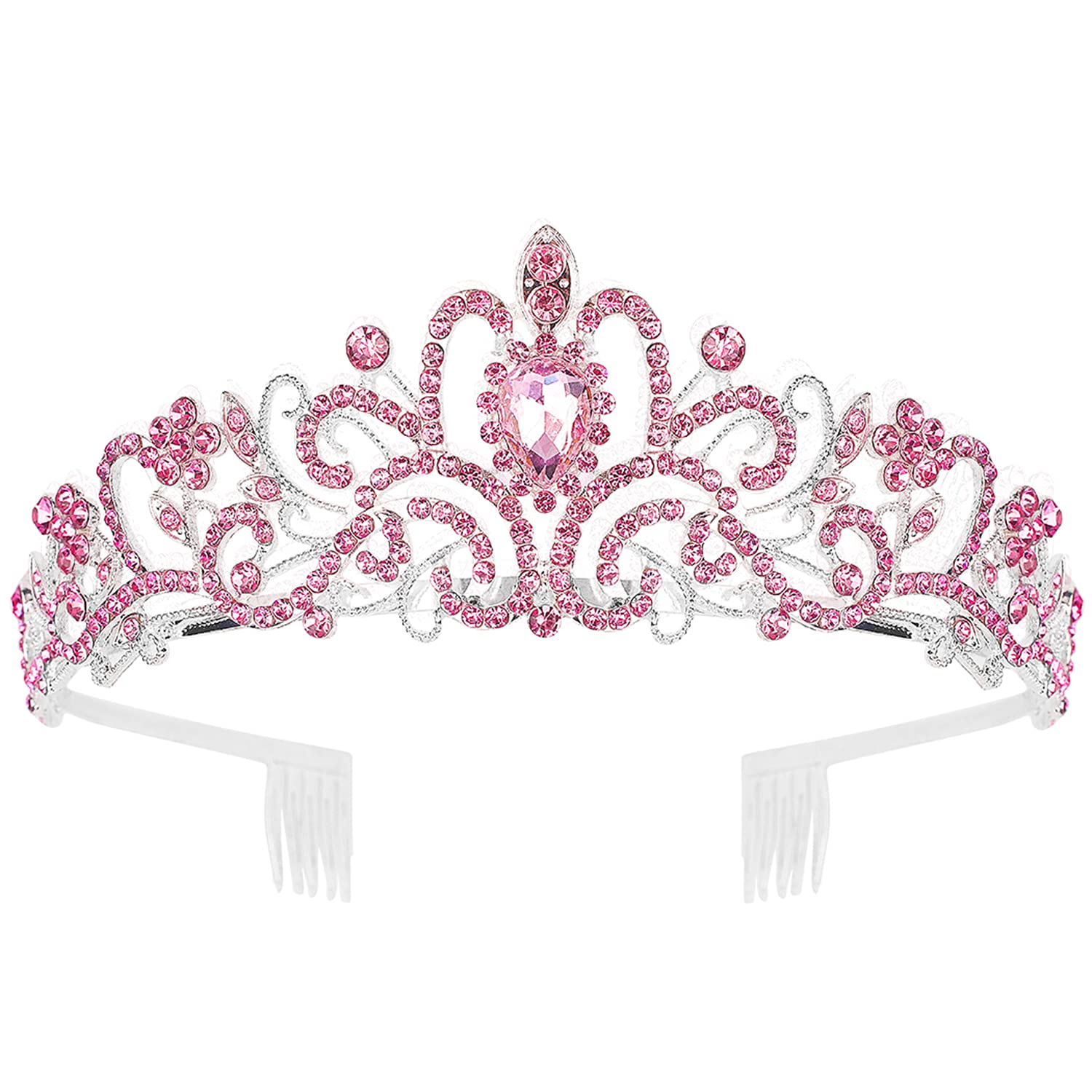 Pink Crystal Tiara Crown for Girls & Women - Rhinestone Princess Headband with Combs for Bridal Wedding, Prom, Birthday Party Hair Accessories | Elegant Jewelry Gift for Brides, Kids & Teens (5-Pack)