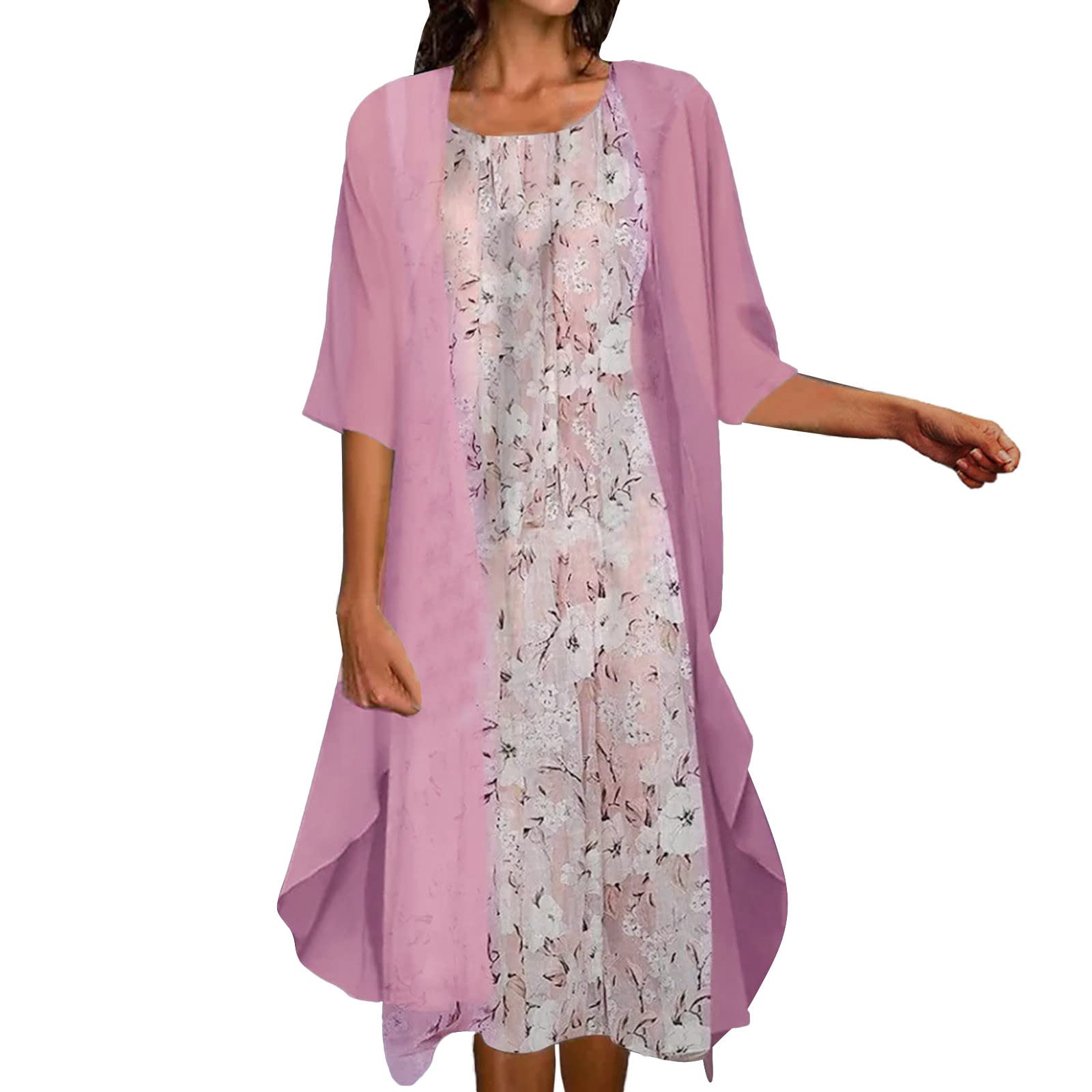 Women's Casual Sleeveless Cardigan Dress with Belt & Tulle Sleeves - Floral Print Round Neck Short Dress Set for Spring/Summer Outfits, Date Nights & Office Wear