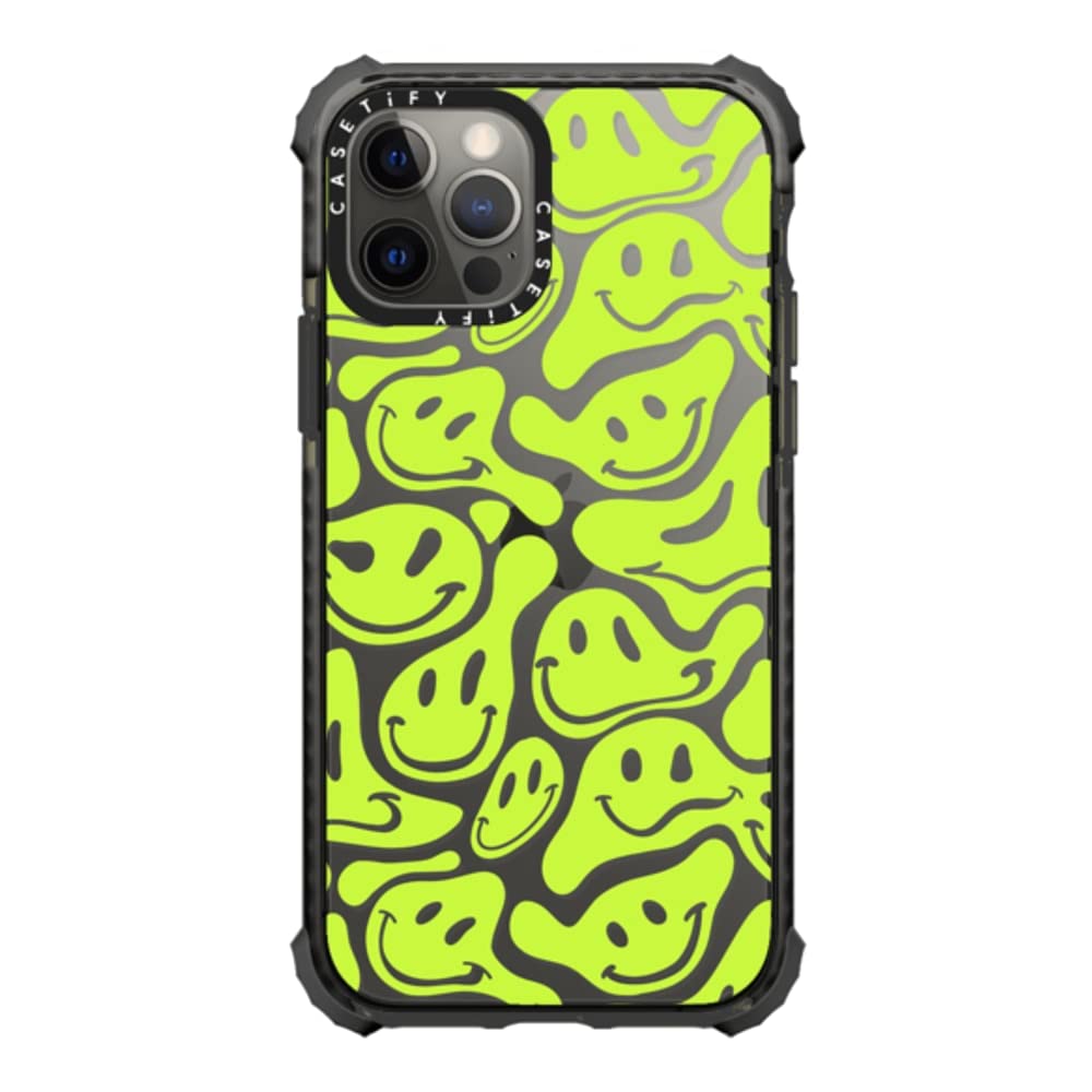 CASETiFY Ultra Impact Case for iPhone 12 & iPhone 12 Pro - Shockproof Protective Cover - Acid Smiles Neon Green & Clear Black Design - Perfect for Outdoor Activities & Daily Use
