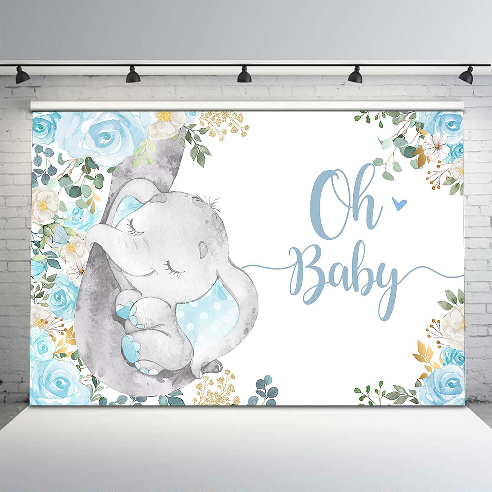 Avezano Little Elephant Baby Shower Backdrop - Oh Baby Blue Elephant Theme Decor with Flowers, 7x5 ft Banner for Boys & Girls Nursery, Birthday Party, Gender Reveal Decorations