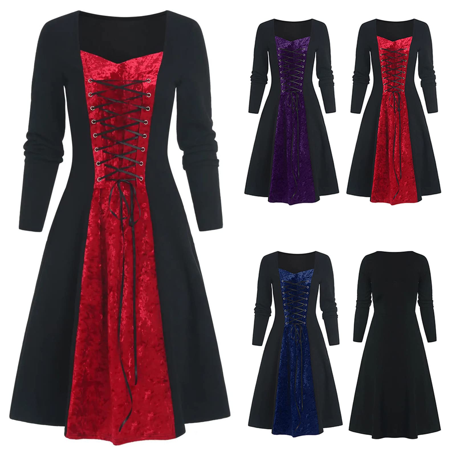 Elegant Black Gothic Evening Dress for Women - Vintage Lace Up Long Sleeve Retro Patchwork Dress | Perfect for Halloween, Cosplay, and Gothic Parties