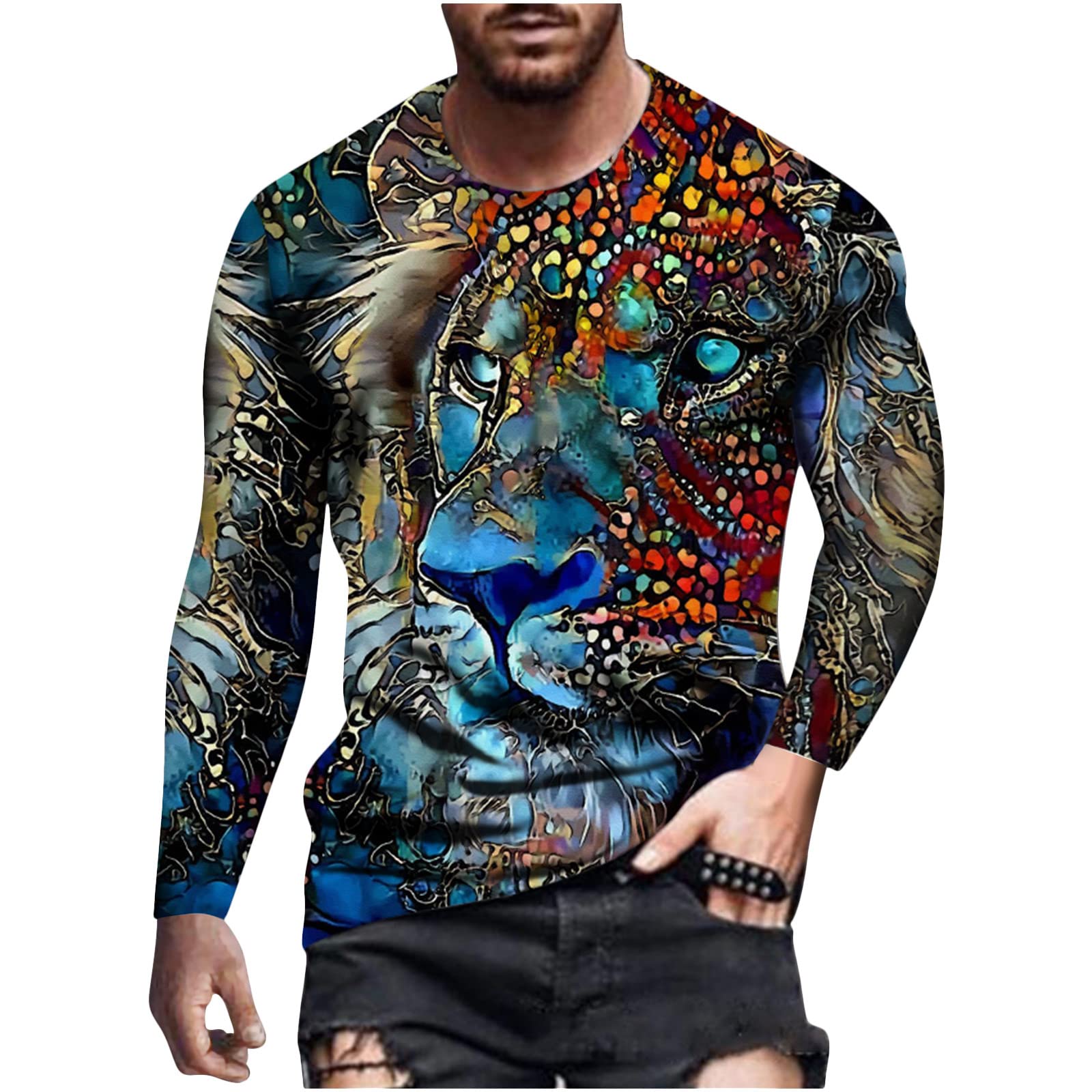 Stylish 3D Lion Printed Men's Casual Long Sleeve T-Shirt - Fashion Graphic Round Neck Pullover Tee for Everyday Wear & Street Style Outfits