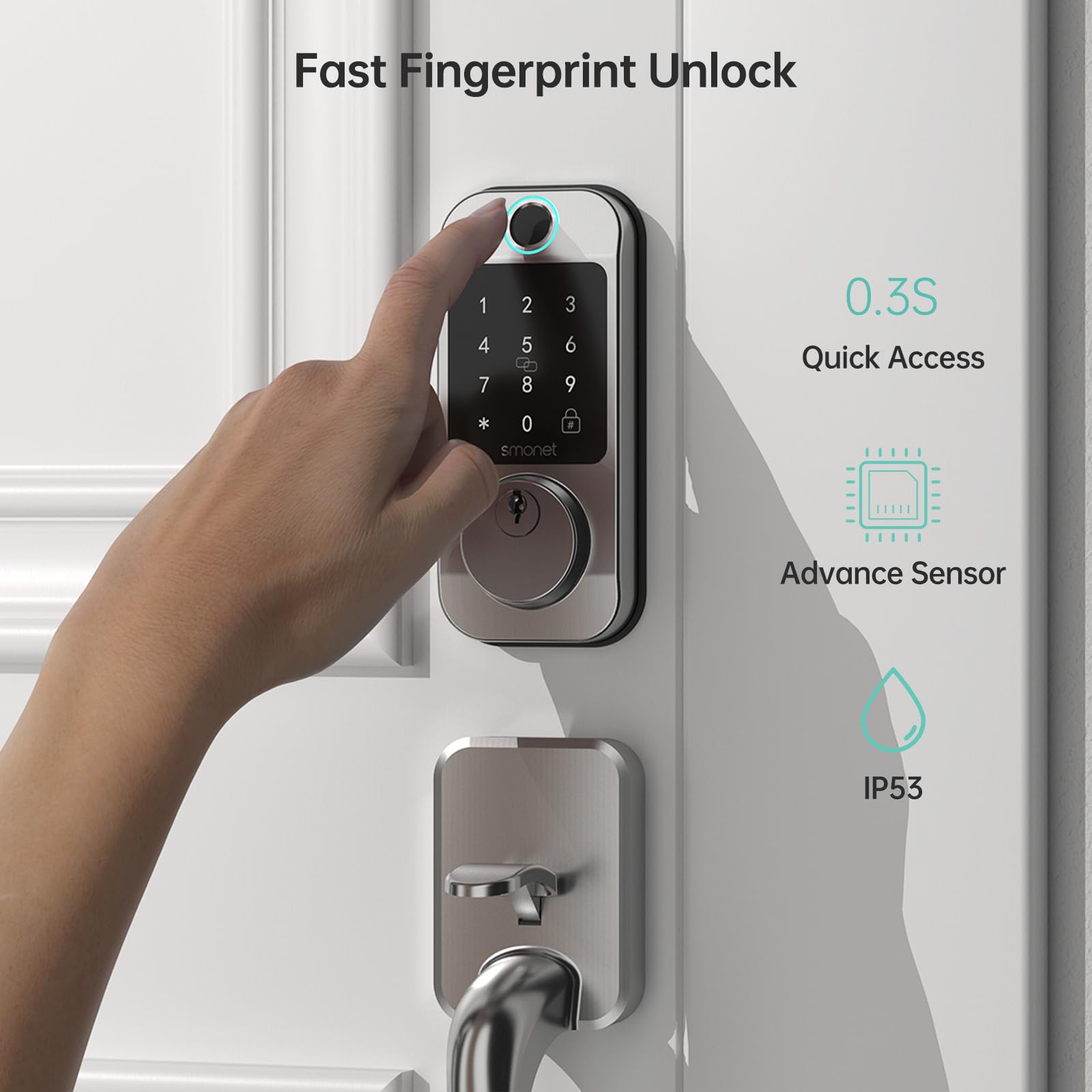 SMONET Smart Keyless Entry Door Lock - Fingerprint, WiFi, Bluetooth, Alexa Compatible Deadbolt with Digital Keypad & Auto Lock - Silver | Secure Home, Office & Vacation Rentals