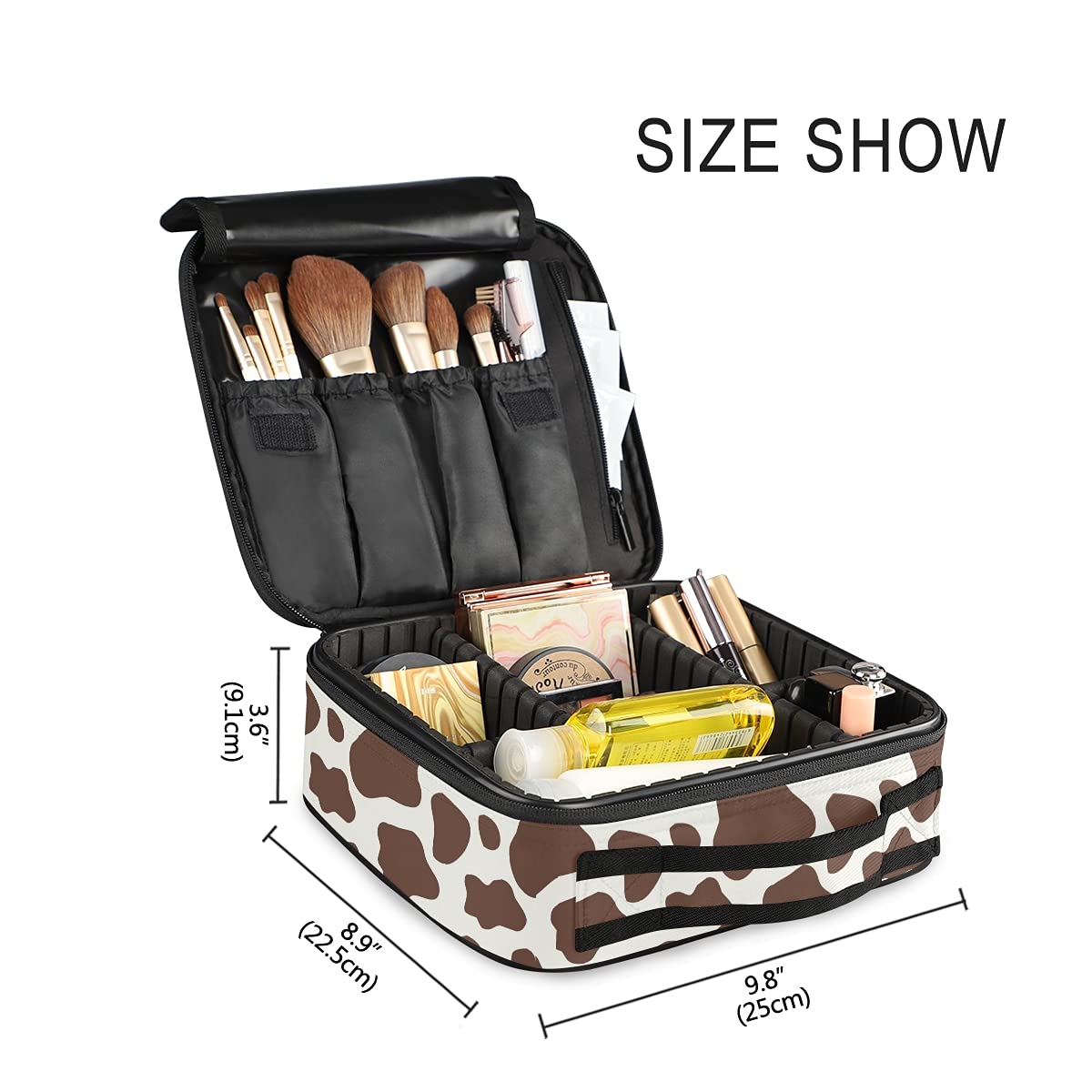 Stylish Doodle Brown Cow Print Makeup Bag - Large Travel Cosmetic Organizer with Adjustable Dividers - Perfect for Travel, Gym & Daily Beauty Storage
