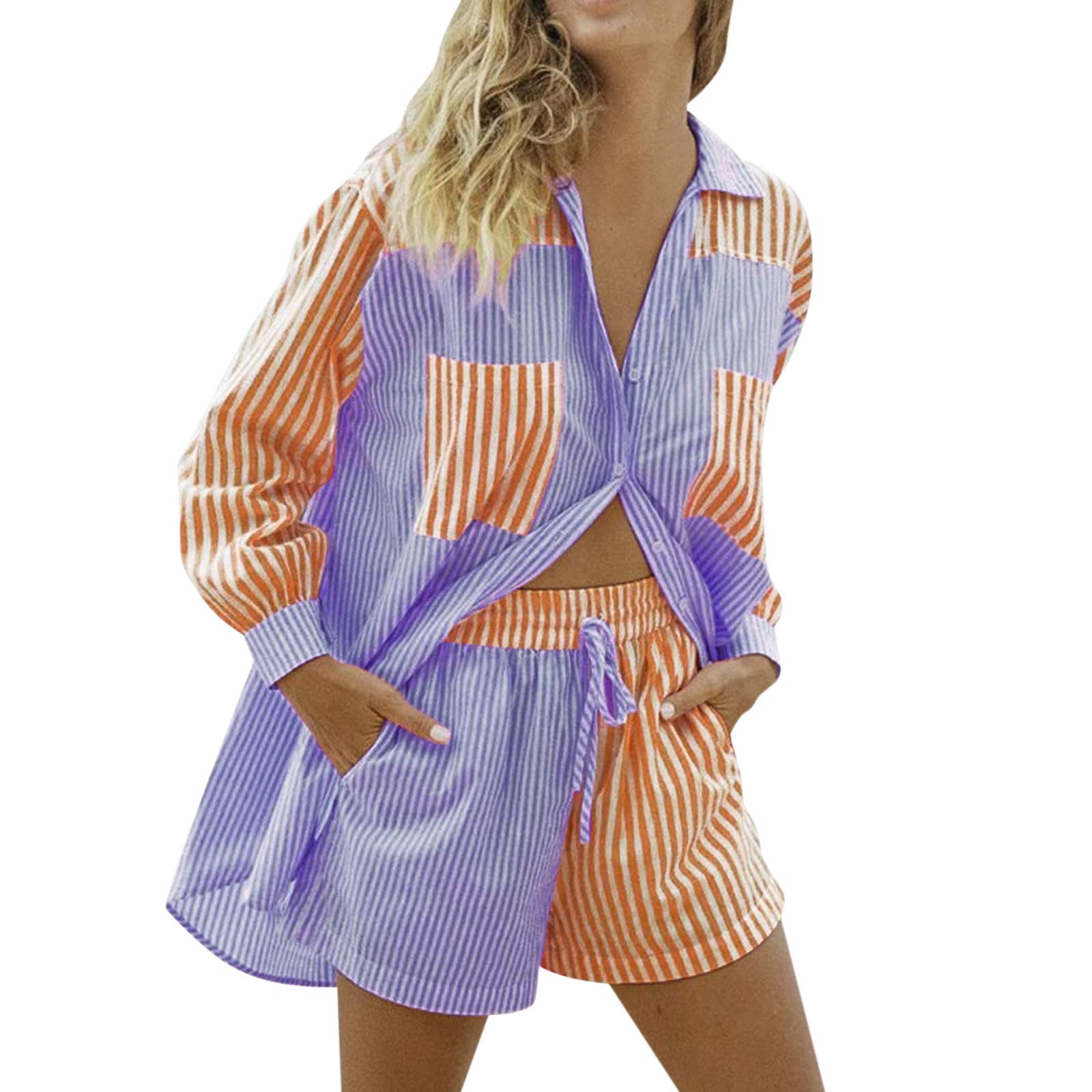 Women's Striped Two-Piece Tracksuit Set - Long Sleeve Shirt & High Waist Loose Mini Shorts | Summer Spring Casual Outfit for Workout, Travel, and Daily Wear