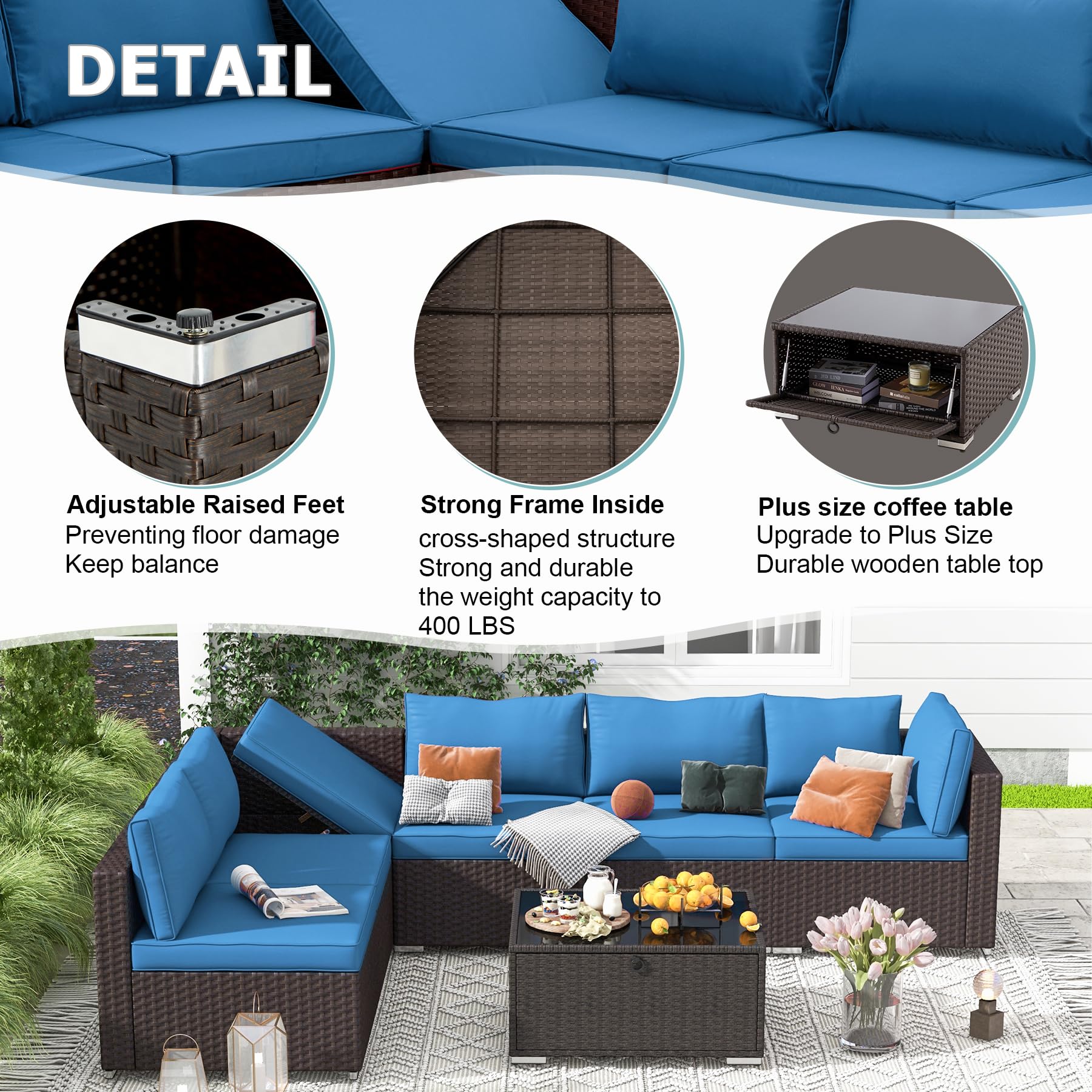 HOMREST 7-Piece All-Weather Wicker Patio Furniture Set with Adjustable Bracket & Coffee Table - Outdoor Conversation Set for Porch, Garden, Backyard (Blue) - Perfect for Relaxing, Entertaining & Outdoor Dining