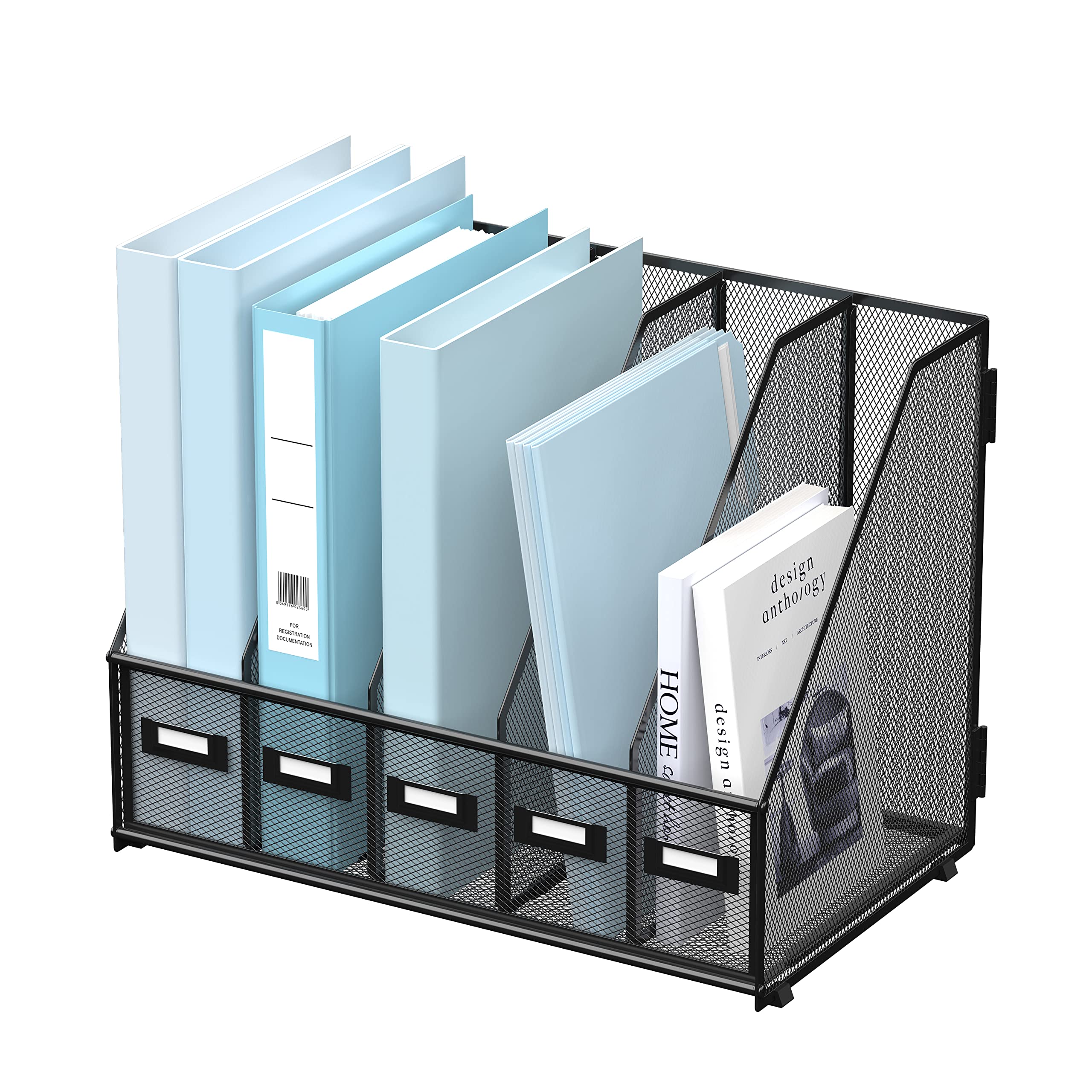 SUPEASY Metal Desk Organizer with 5 Vertical Compartments - Black Magazine File Holder for Office, Home Workspace | Perfect for Organizing Documents, Books, and Office Supplies on Your Desktop