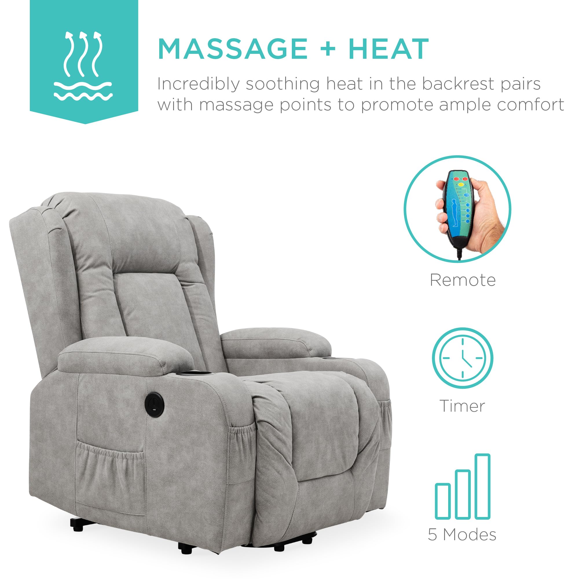 Best PU Leather Electric Power Lift Recliner Massage Chair with Heat & USB Port - Adjustable for Back & Legs, 3 Positions, Cup Holders - Gray - Perfect for Living Room, Home Theater & Elderly Comfort