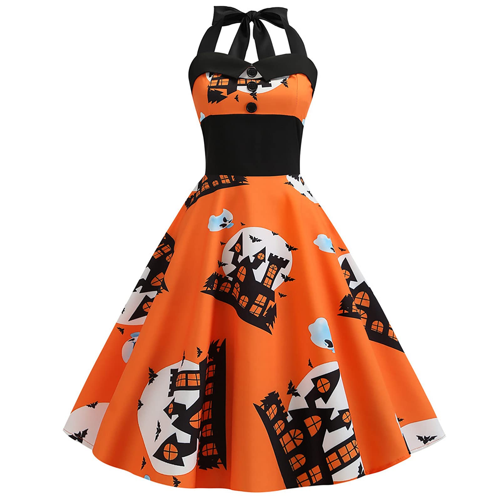 Sexy Halloween Halter Dress for Women - Black Cat Pumpkin Ghost Print Vintage Off Shoulder Cocktail Long Dress with Button Front | Perfect for Halloween Parties, Costume Events & Night Out