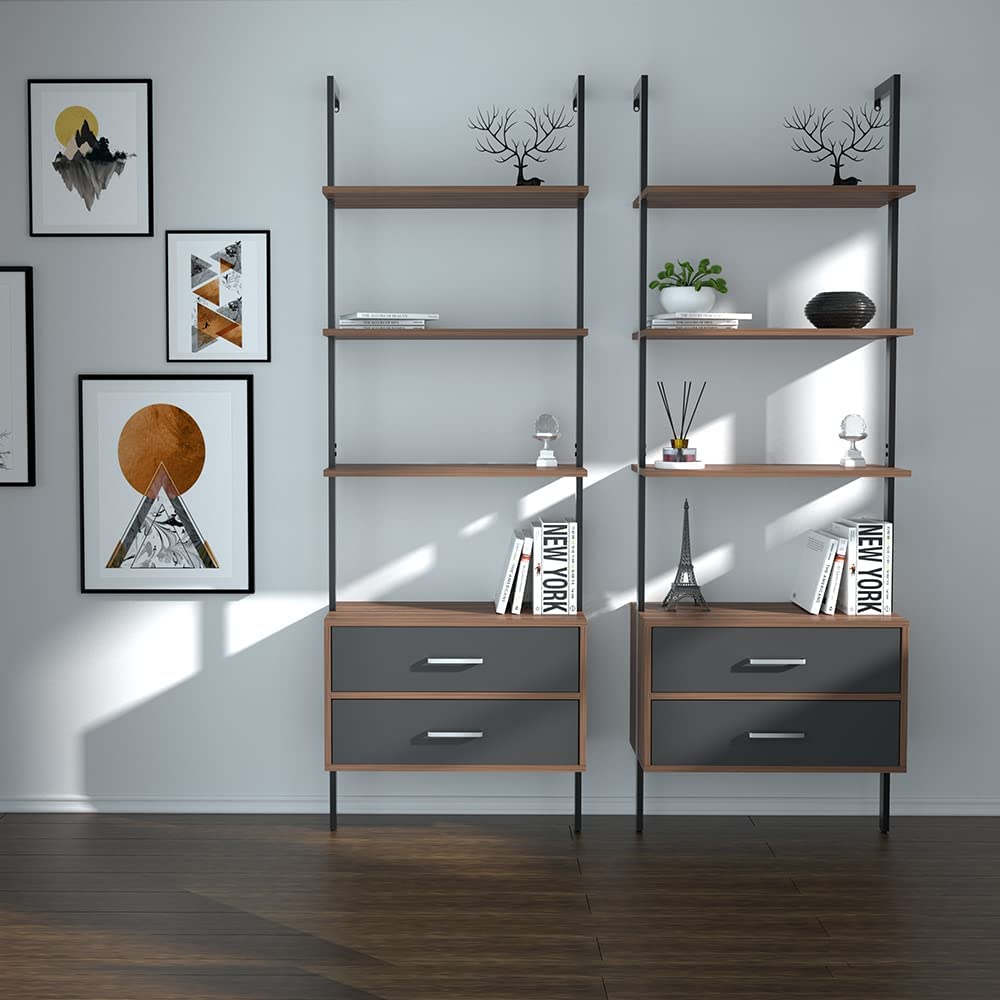 Kevinplus Modern Wall Mounted Ladder Shelf with Drawers - Industrial Metal Bookcase Storage Unit, Mid-Century Open Display Shelves for Living Room, Office, Bedroom - 2-Piece Set in Walnut Grey | Perfect for Small Space Organization & Stylish Home Decor