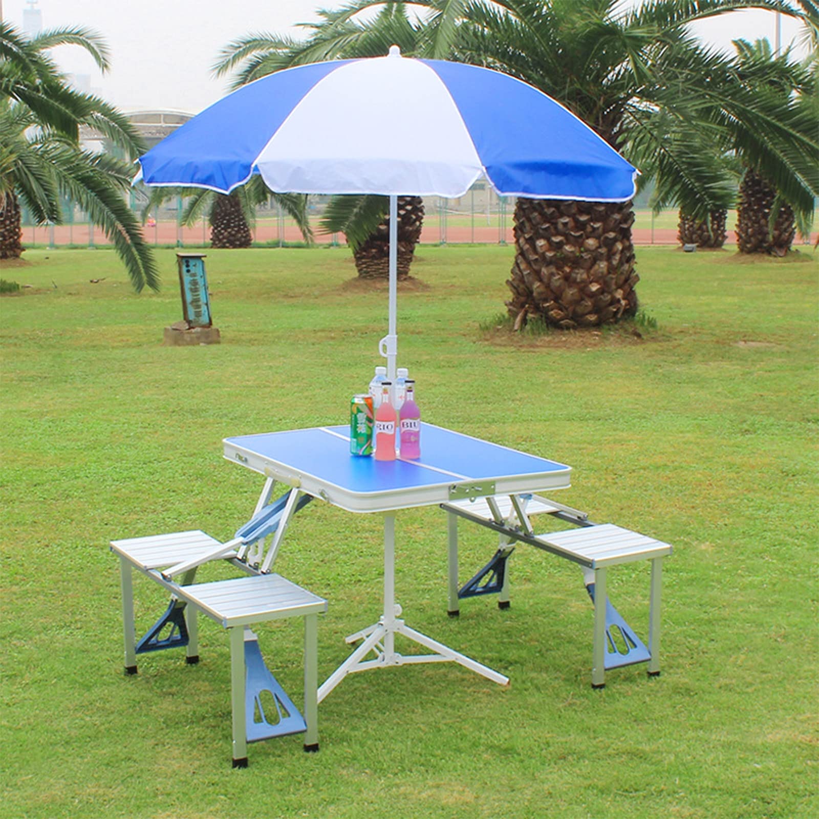 WANGLE Portable Folding Outdoor Picnic Table & 4 Chairs Set with Umbrella Hole - Lightweight Aluminum Camping Dining Set for Backyard, Beach, BBQ Party (Blue) | Perfect for Outdoor Gatherings, Picnics & Family Events