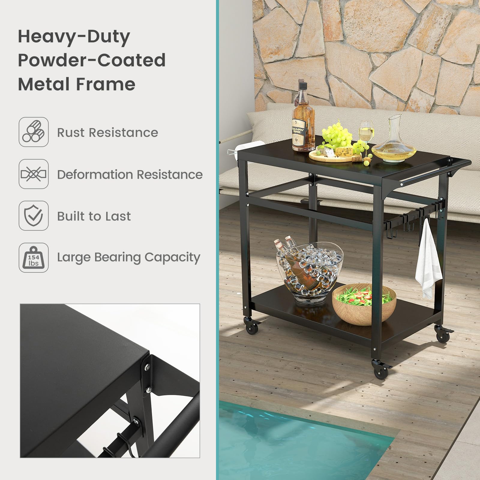 Giantex Outdoor Grill Cart with Lockable Wheels - Double Shelf BBQ Prep Table, Pizza Oven Stand with Garbage Bag Holder & Removable Hooks | Portable Kitchen Cart for Backyard BBQ, Camping, Tailgating & Outdoor Dining Parties