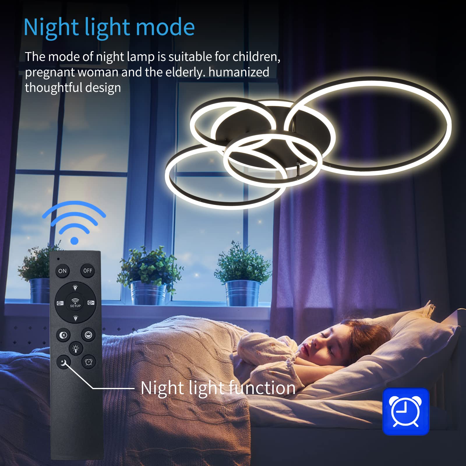 90W Modern LED Ceiling Light Fixture - Dimmable Flush Mount Chandelier with Remote Control, 5-Ring Black Acrylic Design for Living Room, Bedroom & Kitchen Lighting | Energy-Efficient Home & Office Lighting Solution