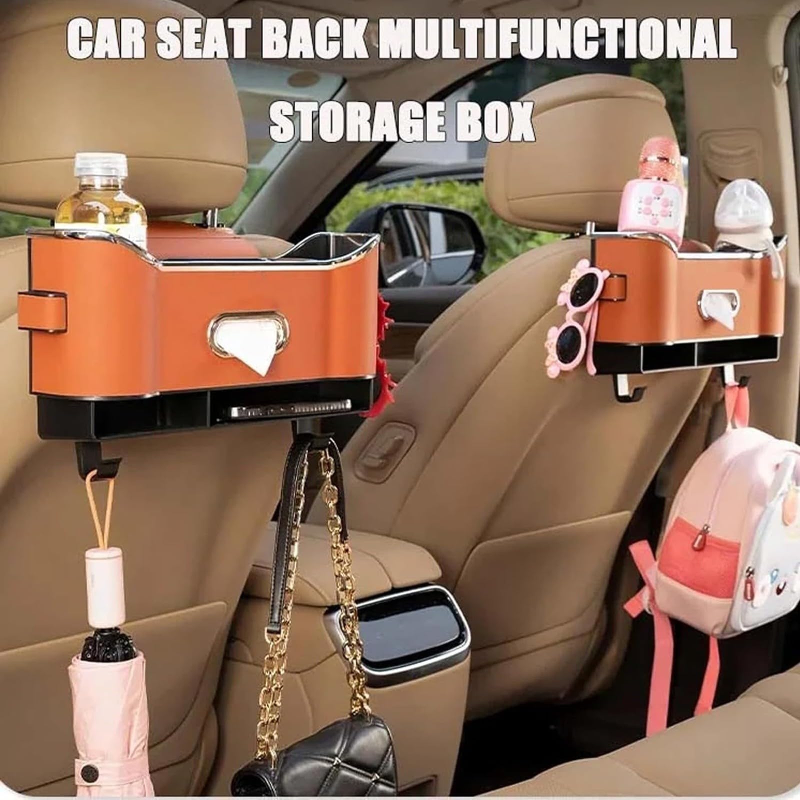 Multifunctional Car Seat Back Storage Organizer with Hooks - Red Auto Seatback Organizer for Tissue Box, Toys & Essentials - Perfect for Road Trips, Family Travel & Daily Commute