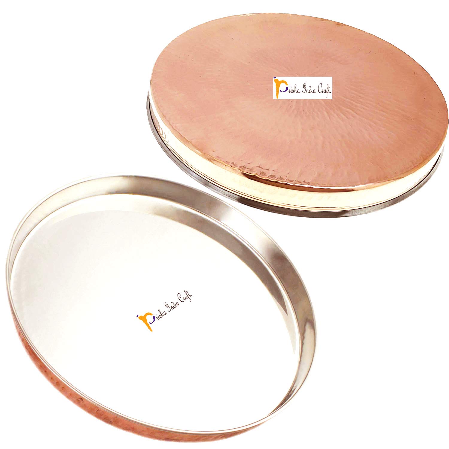 Premium 12 Inch Copper & Stainless Steel Round Thali Platter Set (Pack of 2) - Elegant Dinnerware Serving Tray for Indian Cuisine, Party Entertaining & Festive Dining