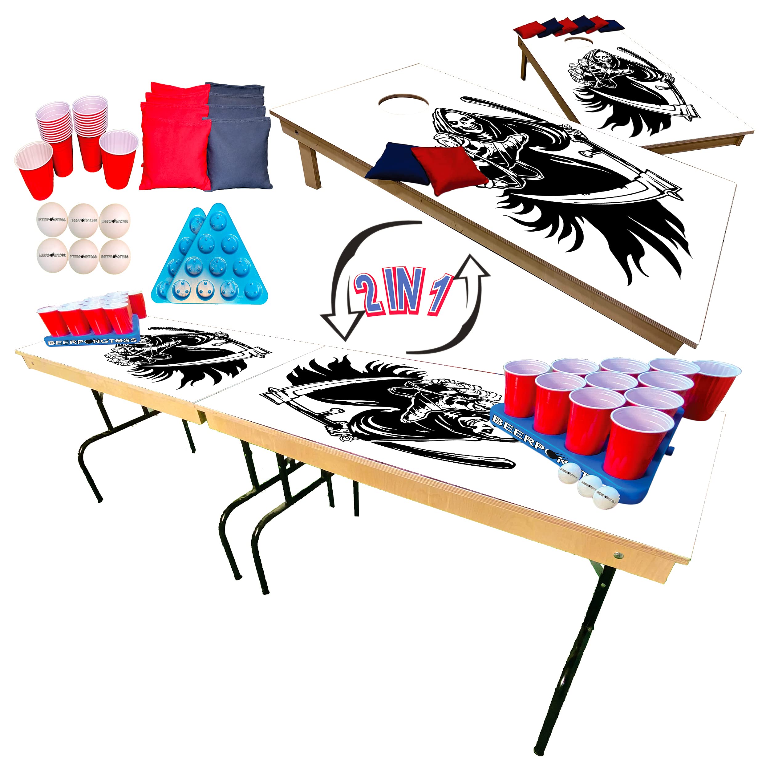 2-in-1 Cornhole & Tailgate Pong Table Set - Skull's Grim Reaper Design - 8Ft Portable Game Table with 2 Cornhole Boards (4x2Ft), 8 Bags, 22 Cups, 6 Balls & 2 Racks - Perfect for College Parties, Tailgating, Backyard BBQs & Outdoor Events