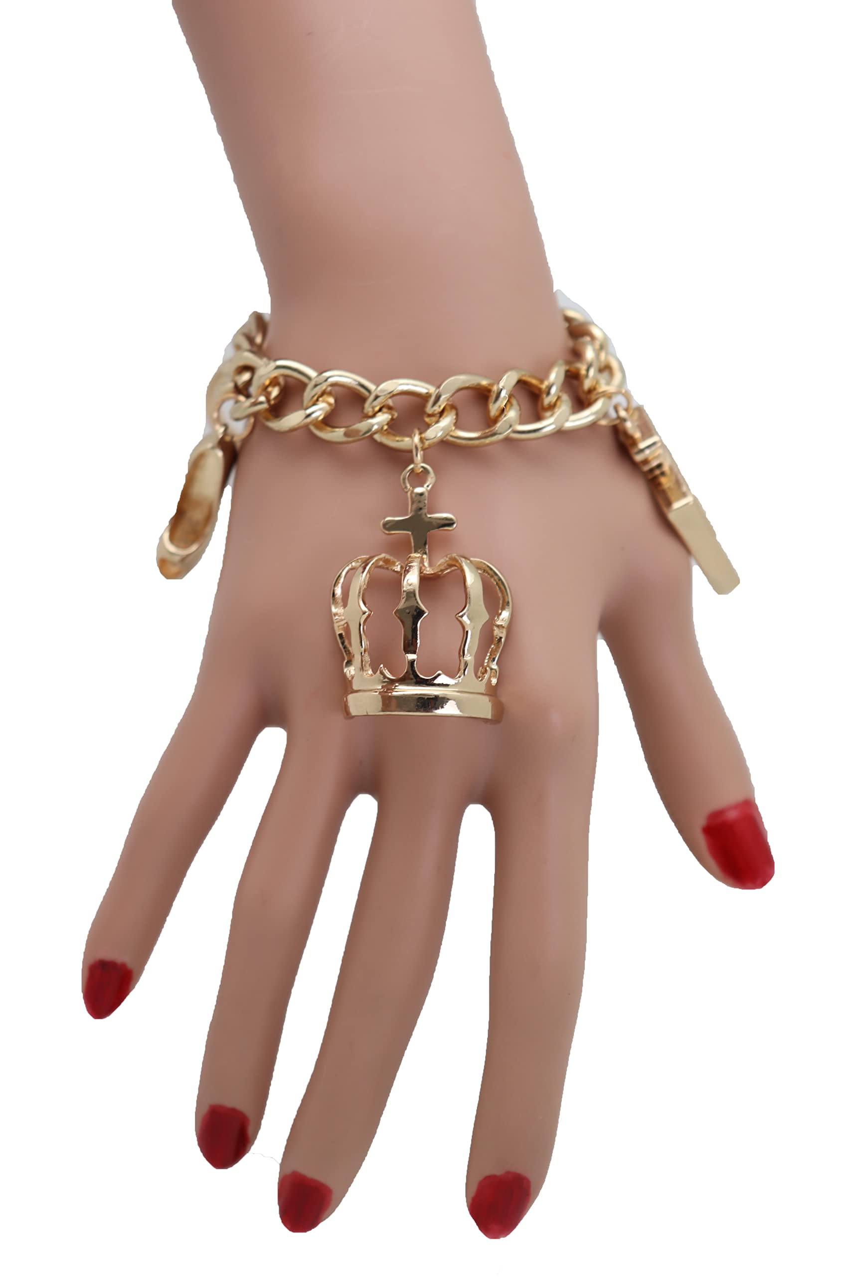 Gold Queen Crown Bracelet for Women - Elegant Metal Chain Fashion Jewelry with Lipstick & Perfume Charms | Perfect for Parties, Weddings & Royal-Themed Events