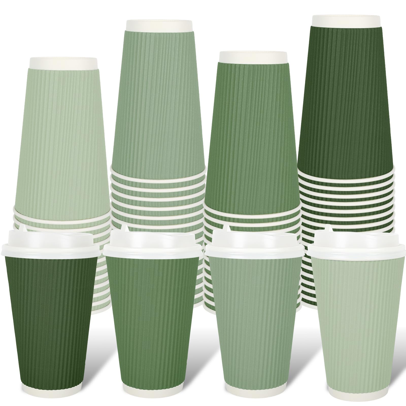 100Pcs Sage Green Disposable Coffee Cups with Lids - Gradient Green Paper Cups with Corrugated Ripple Wall - Insulated Hot Cups for Coffee, Tea & Hot Beverages - Perfect for Home, Office, Parties & Cafes