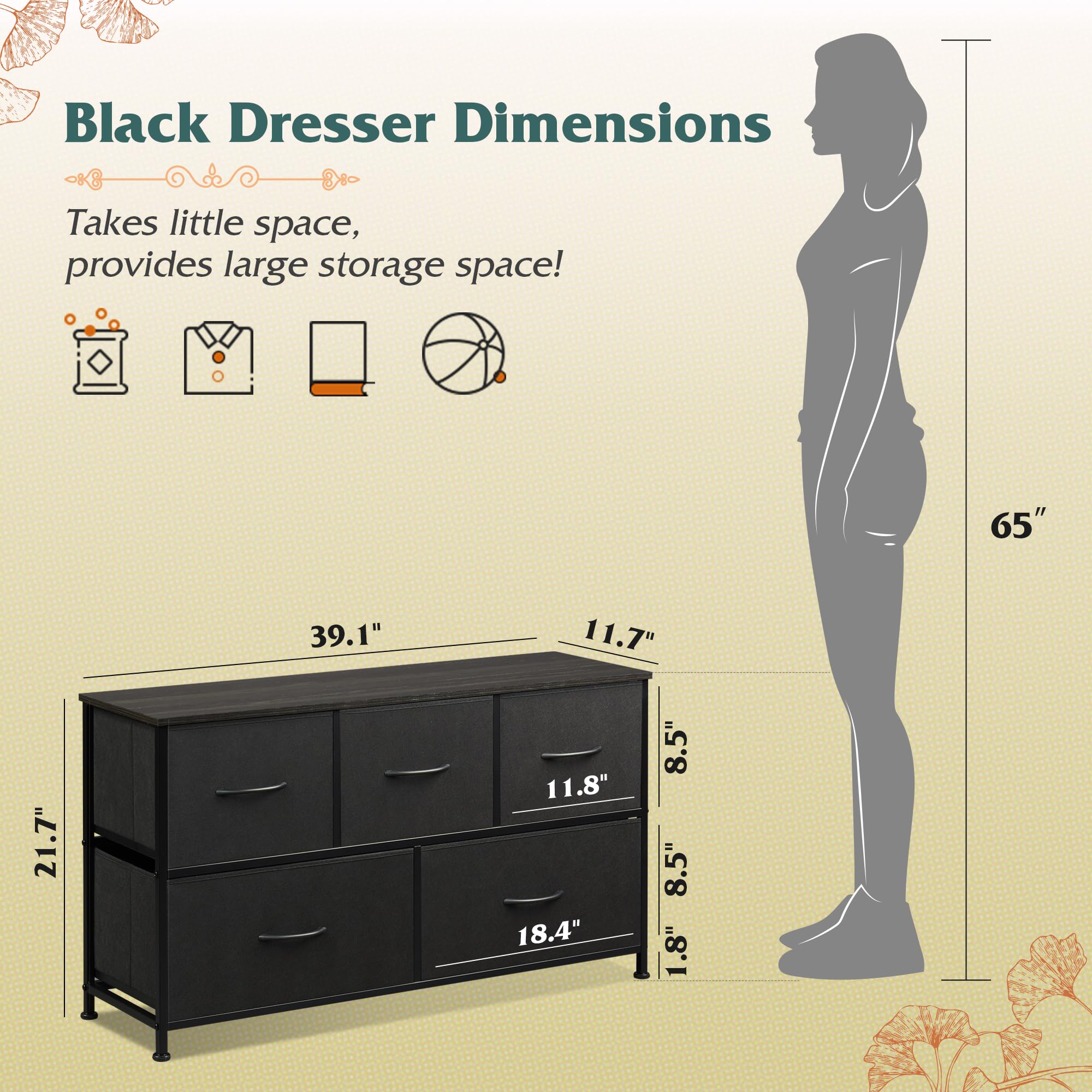 WLIVE 2-Drawer Nightstand & 5/8-Drawer Dresser Set - Fabric Storage Tower Organizer with Textured Bins & Steel Frame - Charcoal Black for Bedroom, Hallway, Closet | Space-Saving Storage Solution for Small Apartments & Dorm Rooms