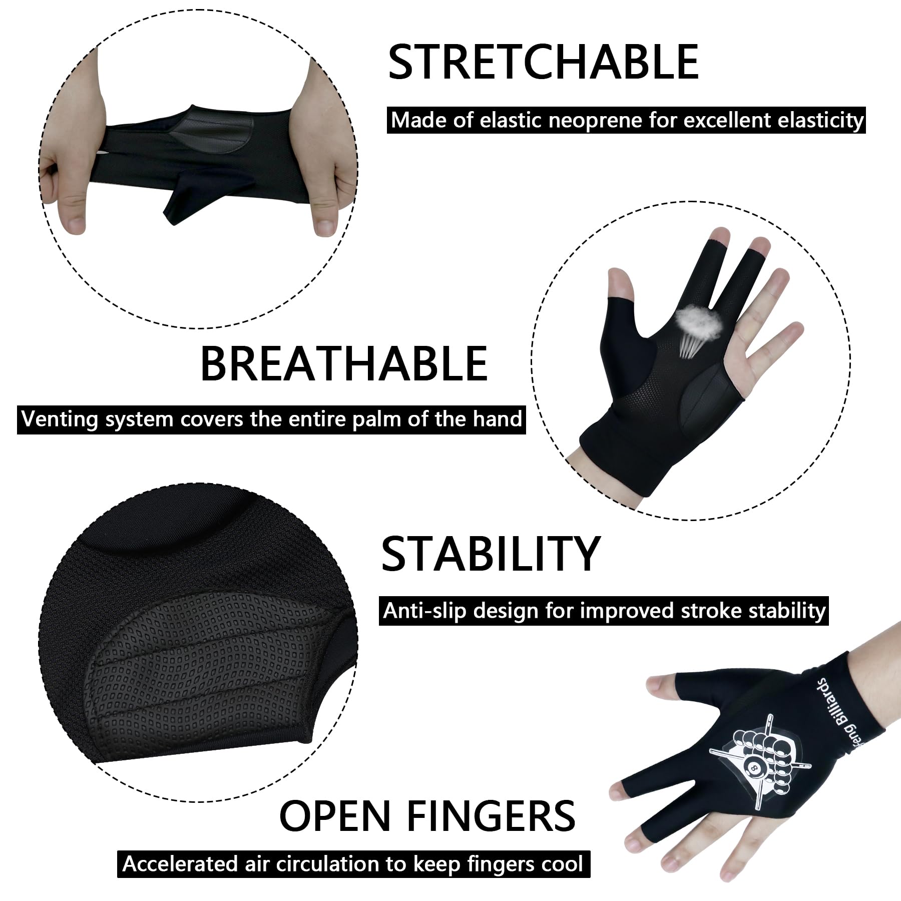 LeFeng Professional Billiard Gloves for Pool & Snooker - 3 Open Finger Design, Left Hand Fit for Men & Women - Perfect for Competitive Play & Practice Sessions