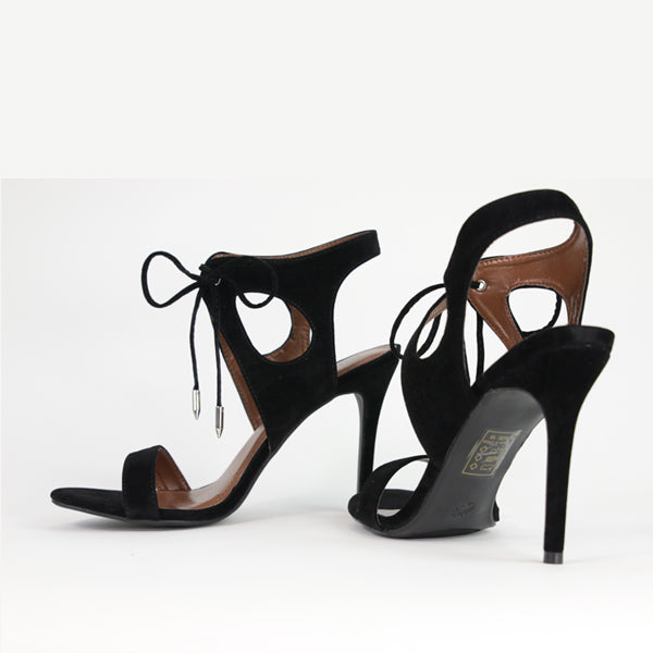 Elegant Black Faux Suede Cut-Out Lace-Up Heels with Single Sole | Women's Fashion High Heels for Party, Wedding & Evening Events