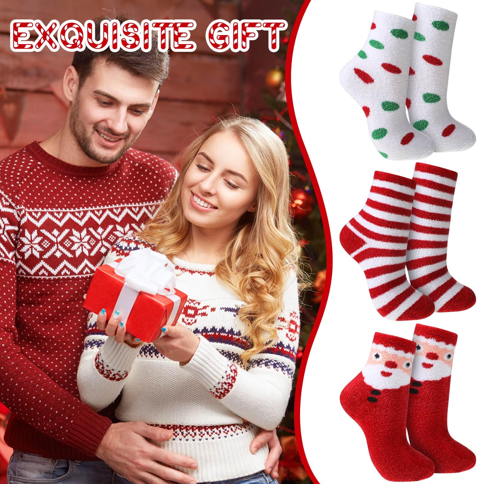 3 Pair Aloe Vera Infused Ultra Moisturizing Christmas Socks - Colorful Fuzzy Holiday Socks for Women & Men - Perfect for Spa, Gift Giving & Winter Comfort