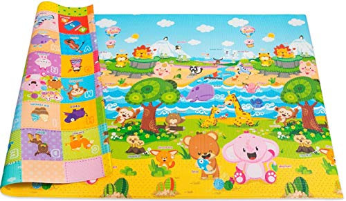 Non-Toxic Waterproof Baby Play Mat - Reversible Cushioned Infant Activity Mat for Crawling & Tummy Time - Playful Collection Medium Size in Pink - Perfect for Nursery, Daycare & Home Play Areas