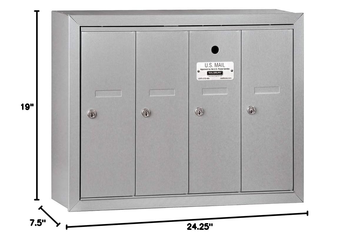 Salsbury Industries 3504ASU 4-Door Aluminum Vertical Mailbox - USPS Approved Surface Mounted Mailbox for Secure Mail Delivery at Homes & Businesses