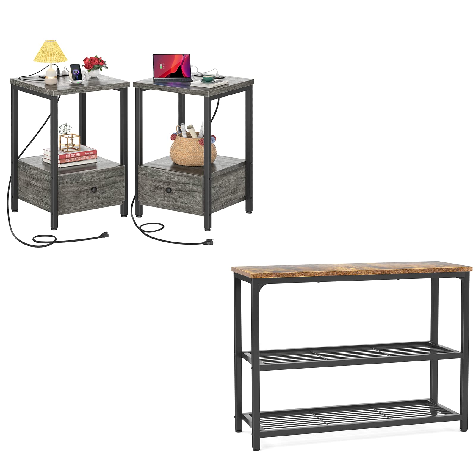 Ecoprsio Rustic Grey Sofa Table Console Table with Double Mesh Shelves & Charging Station - Set of 2 Nightstands for Living Room, Bedroom & Entryway Decor