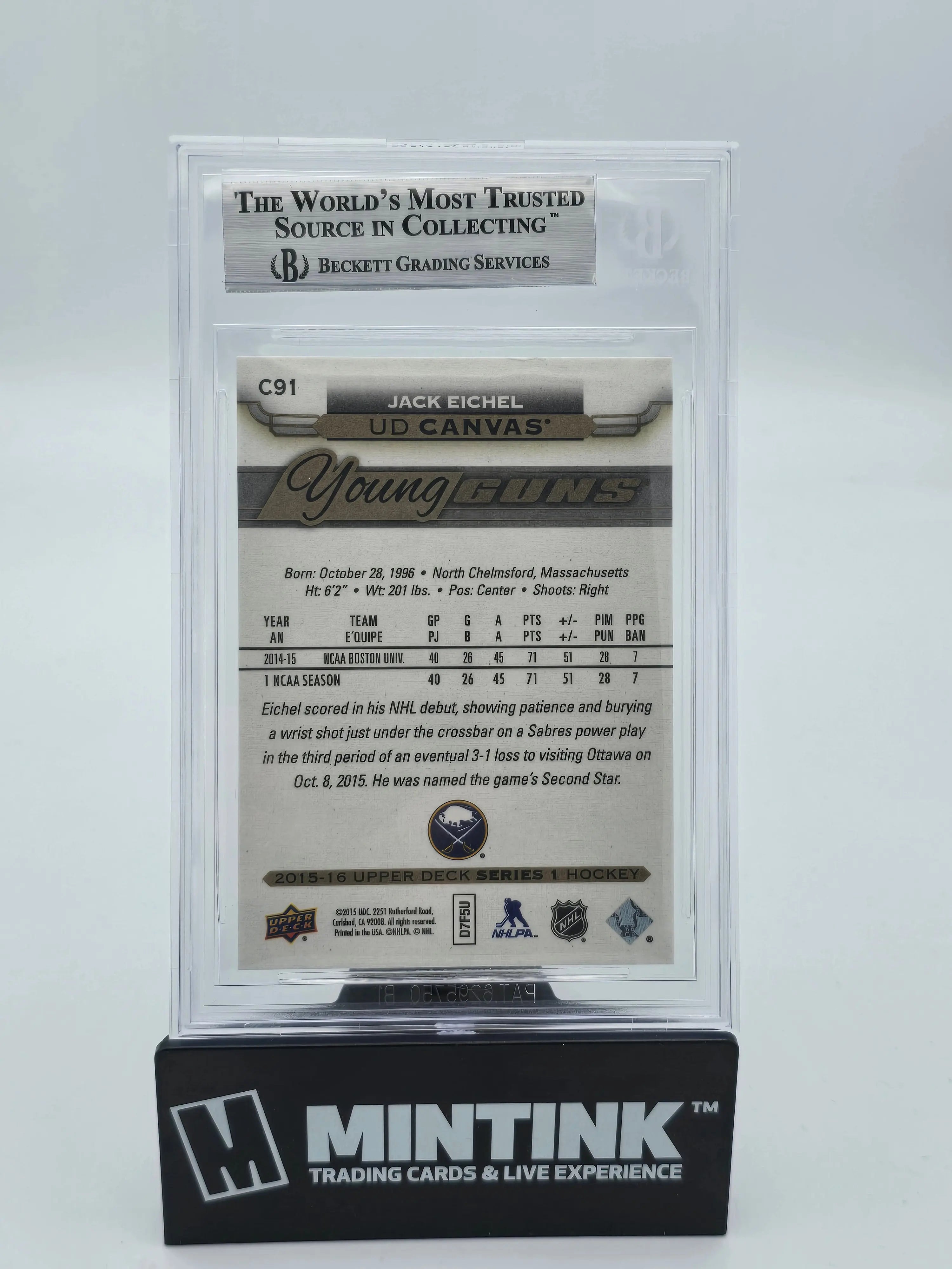 2015 Upper Deck Series 1 UD Canvas Young Guns Rookie Card Jack Eichel BGS 9 - Perfect for Hockey Collectors & NHL Fans Display