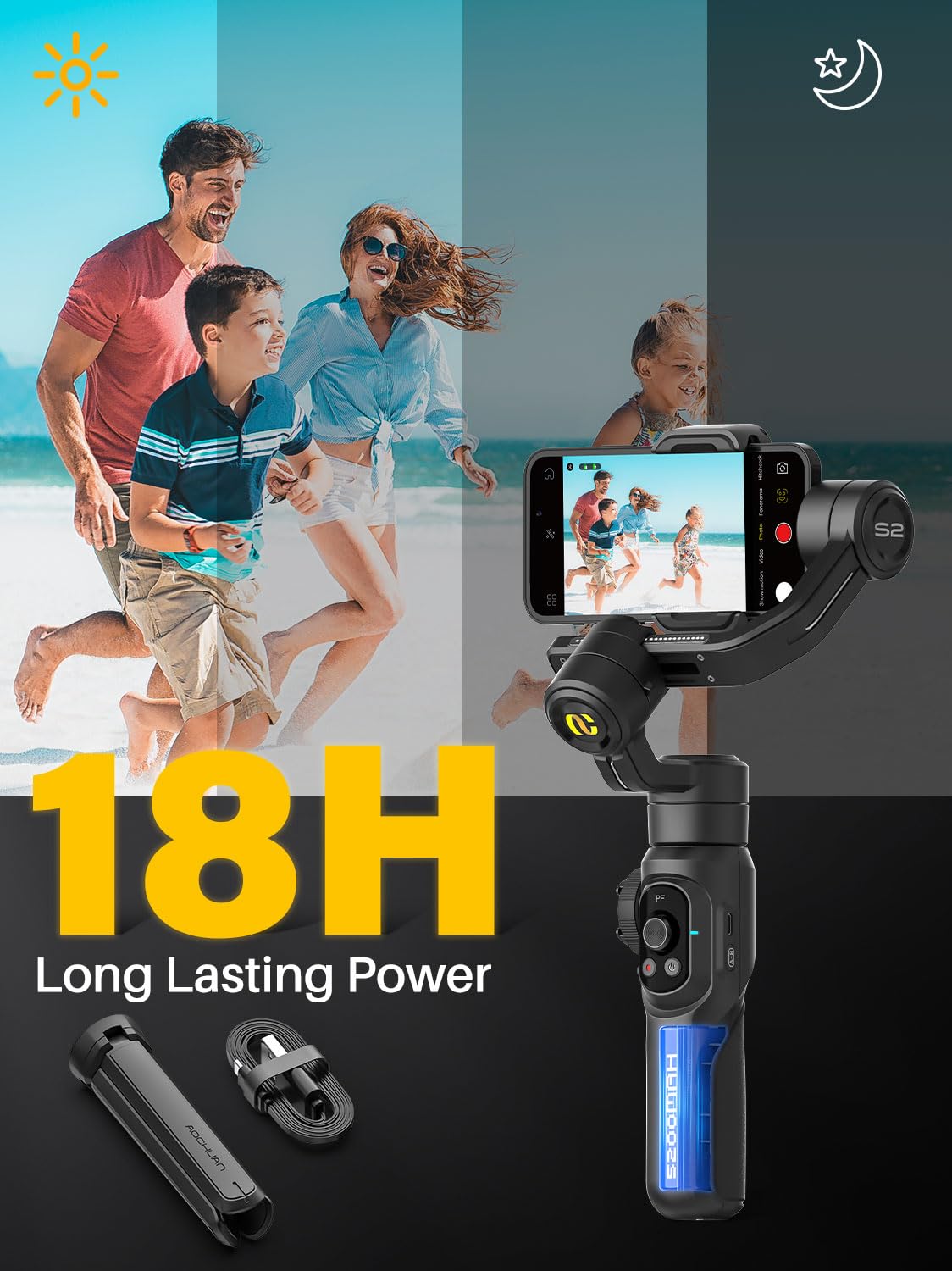AOCHUAN Smart S2 Pro Smartphone Gimbal Stabilizer with 18CM Extension Rod & Fill Light - 3-Axis Stabilization, 360° Rotation, Face/Object Tracking for iPhone & Android - Perfect for Vlogging, Live Streaming & Content Creation