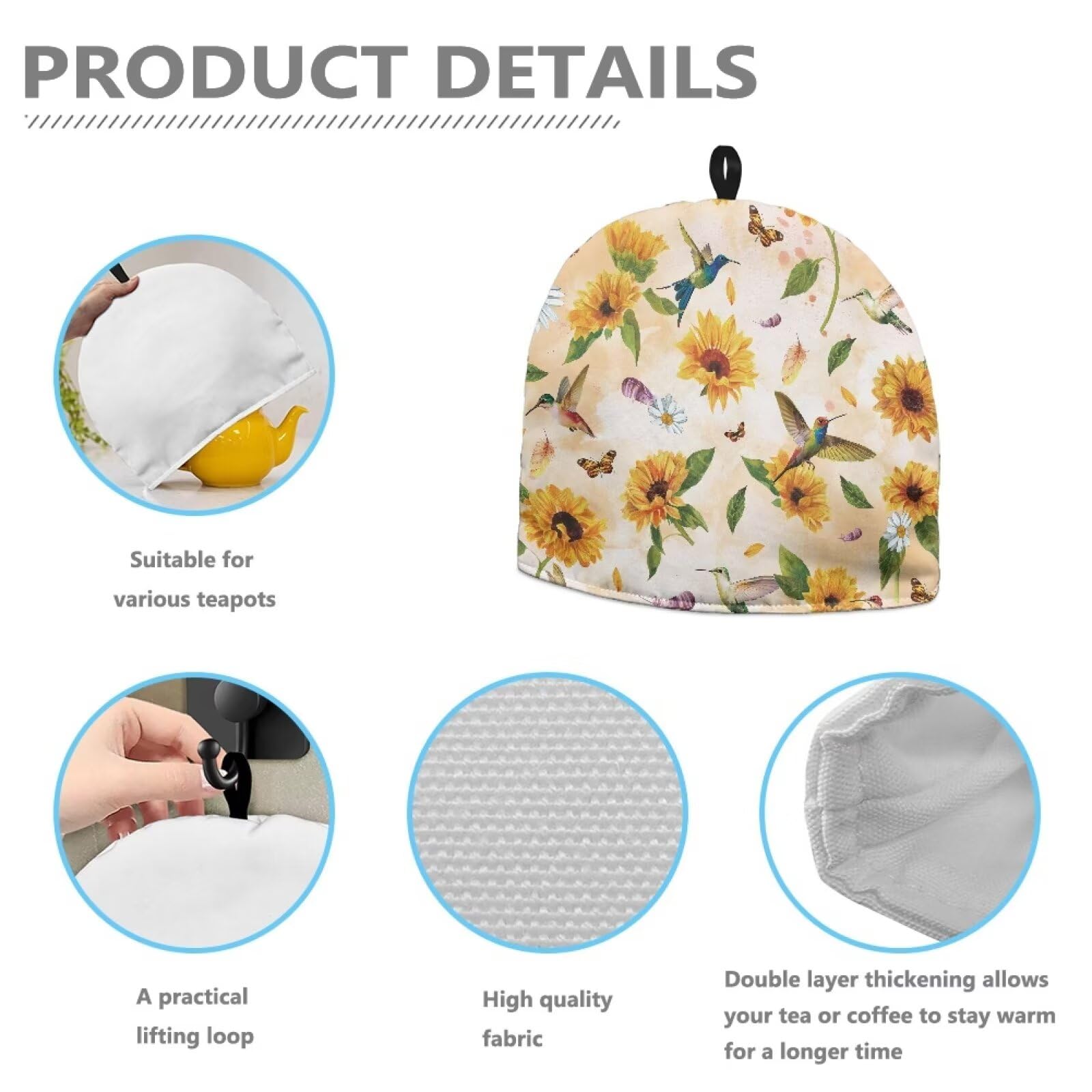Insulated Hummingbird Tea Pot Cover - Daisy Floral Tea Cozy for Kitchen, Easy to Clean & Portable Kettle Warmer | Perfect for Home Breakfast, Vacation & Decorative Kitchen Accessories