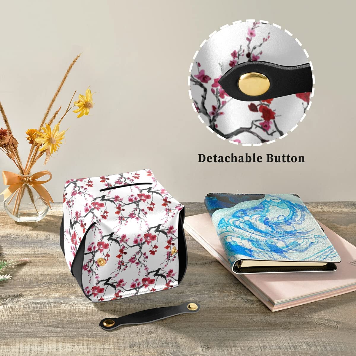 Cherry Blossom Tissue Box Cover - Square PU Leather Napkin Organizer with Handle for Facial Tissues | Decorative Countertop & Nightstand Accessory for Home, Office, and Bathroom