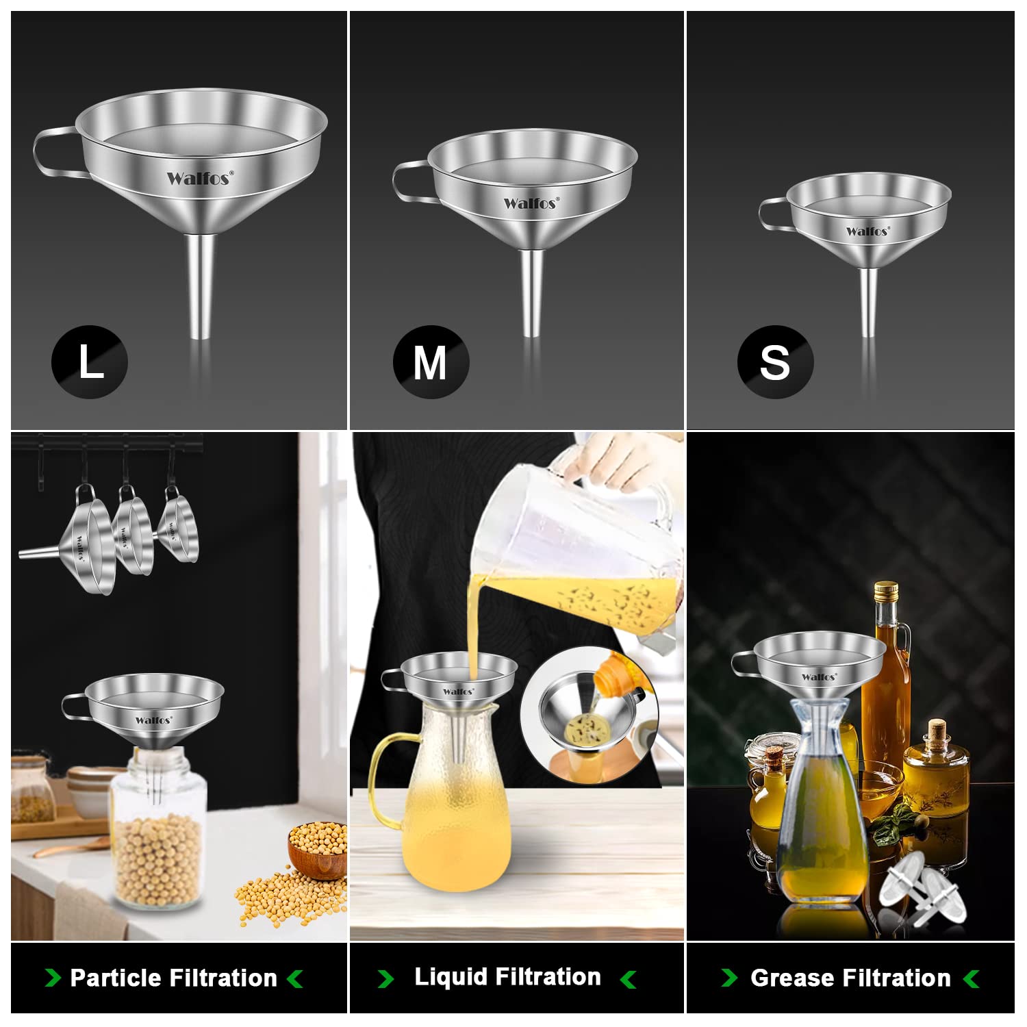 Premium Stainless Steel Kitchen Funnel Set - 3 Pack with 2 Removable Strainers & Cleaning Brush - Ideal for Liquids, Oils, Jam, Dry Ingredients & Powder Transfer - Perfect for Home Cooking, Baking, Canning & DIY Projects