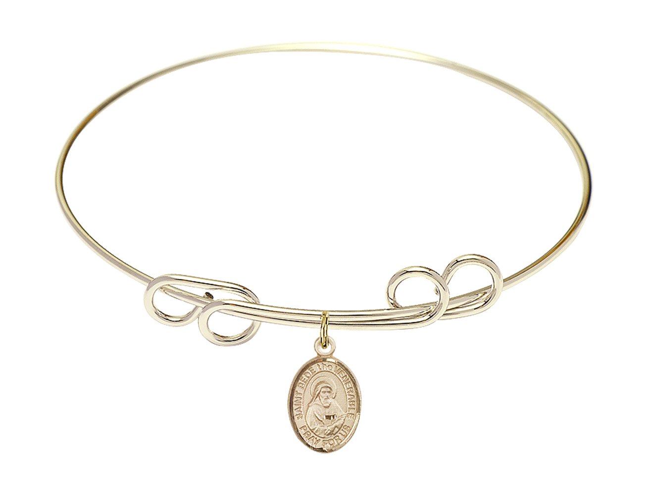 F A Dumont 8 Inch Round Double Loop Bangle Bracelet with St. Bede The Venerable Charm - Elegant Religious Jewelry for Women, Perfect for Church, Weddings & Special Occasions