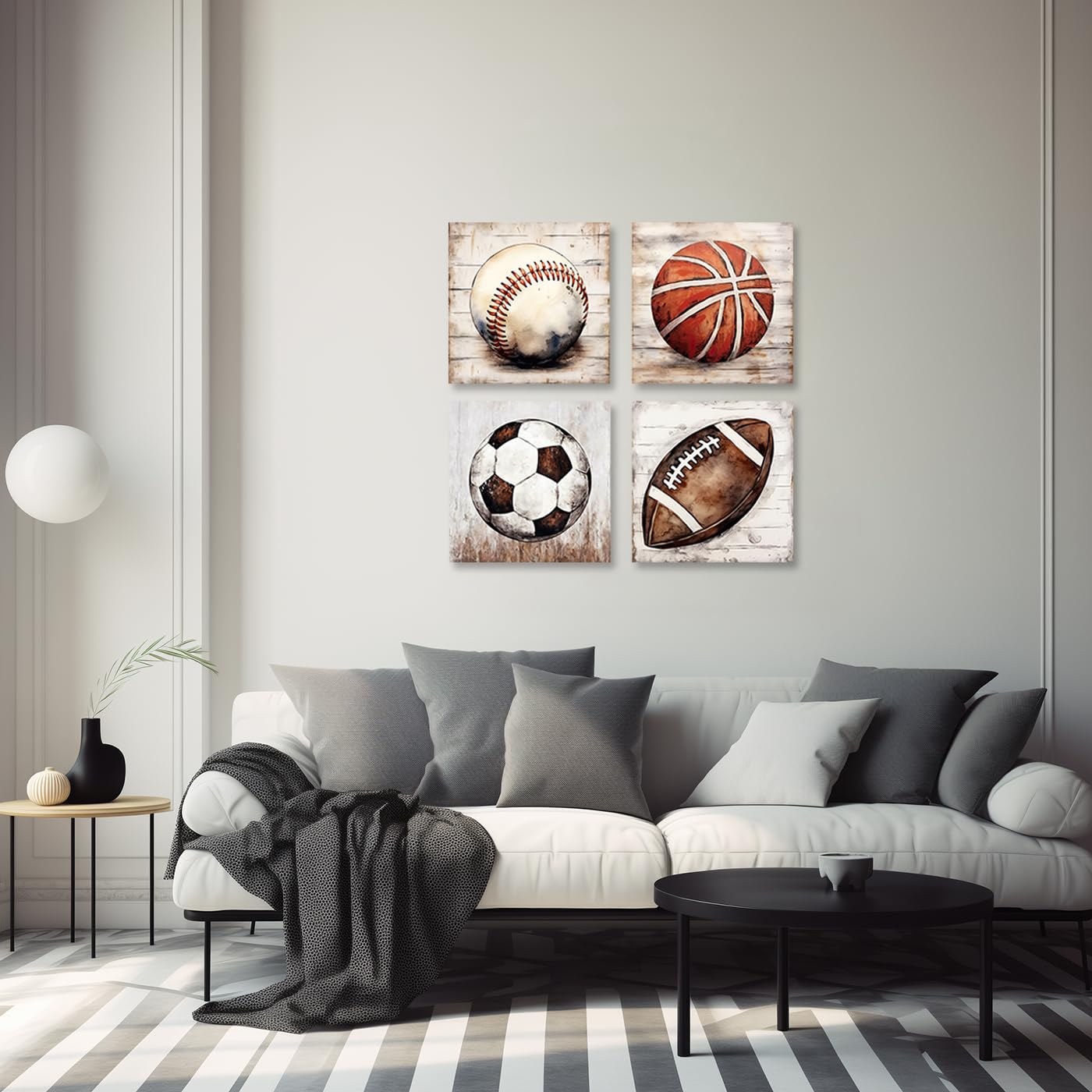 Boys Sports Wall Decor - 4 Panels Basketball Football Rugby Baseball Canvas Art for Kids Room & Game Room (12x12inch)