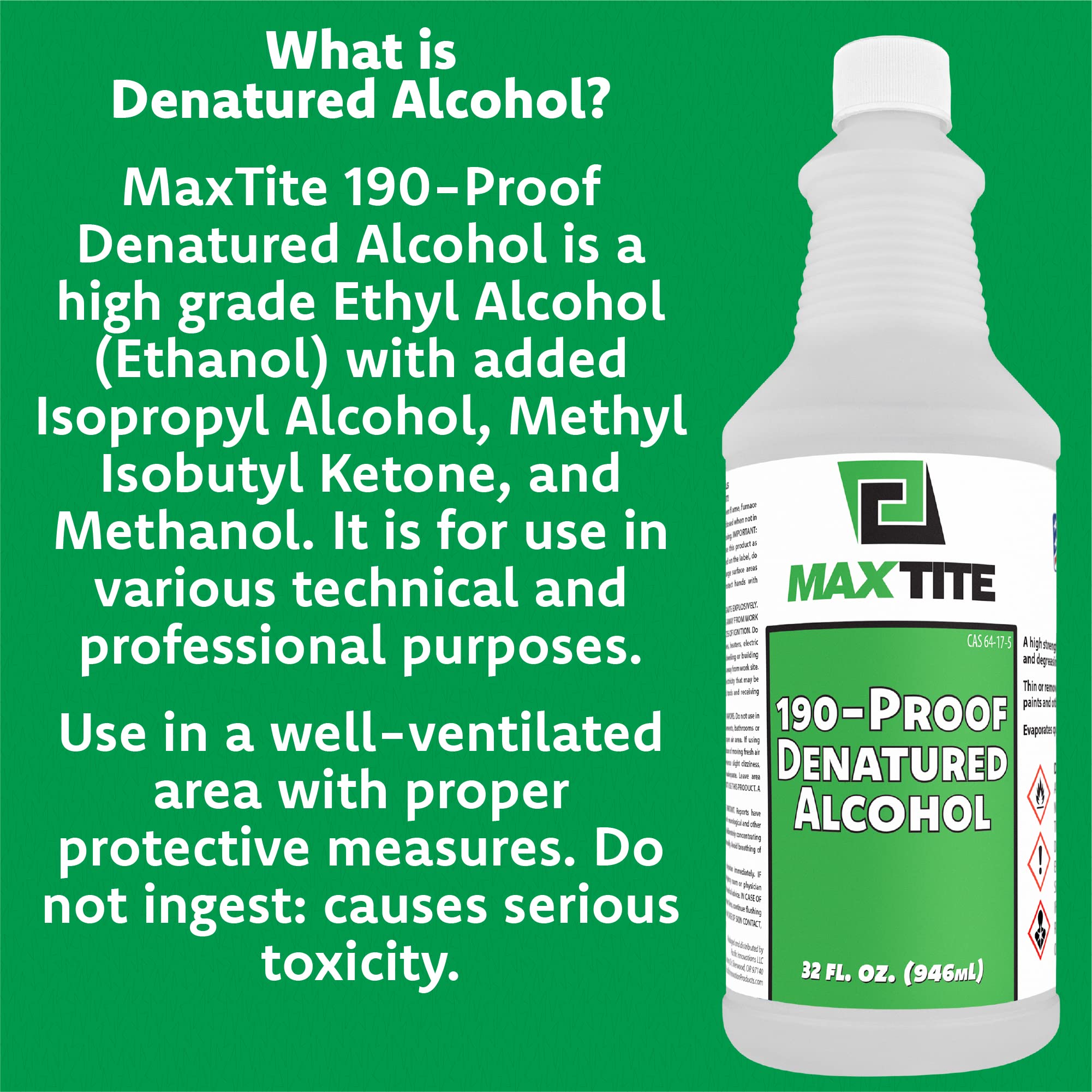 190-Proof Virgin Denatured Alcohol - 4 Gallons Total (16 x 32oz Bottles) | High-Purity Solvent for Cleaning, Labs & DIY Projects | Industrial & Home Use