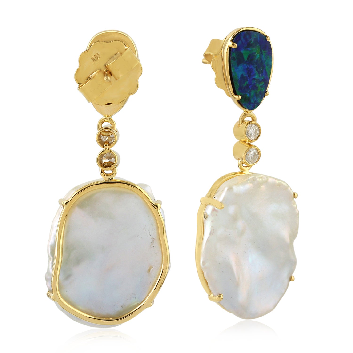 Antique Solid Gold Flat Pearl Opal Doublet Dangle Earrings with Diamond Bezel Setting - Elegant Vintage Jewelry for Weddings, Parties & Special Occasions