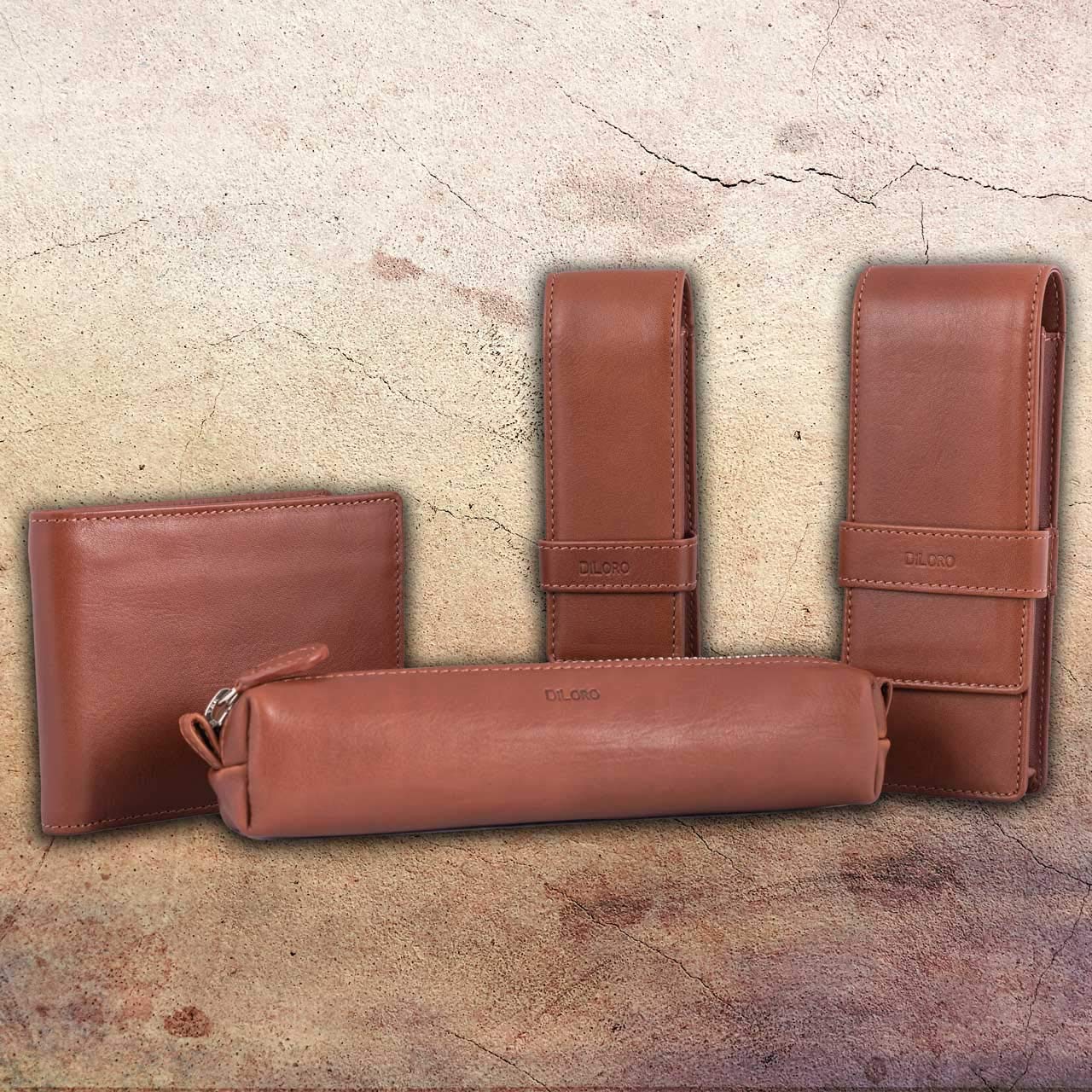 Premium Leather Pen Case - DiLoro Zippered Holder for Fountain & Ballpoint Pens - Bugatti Tan - Perfect for Office & Travel