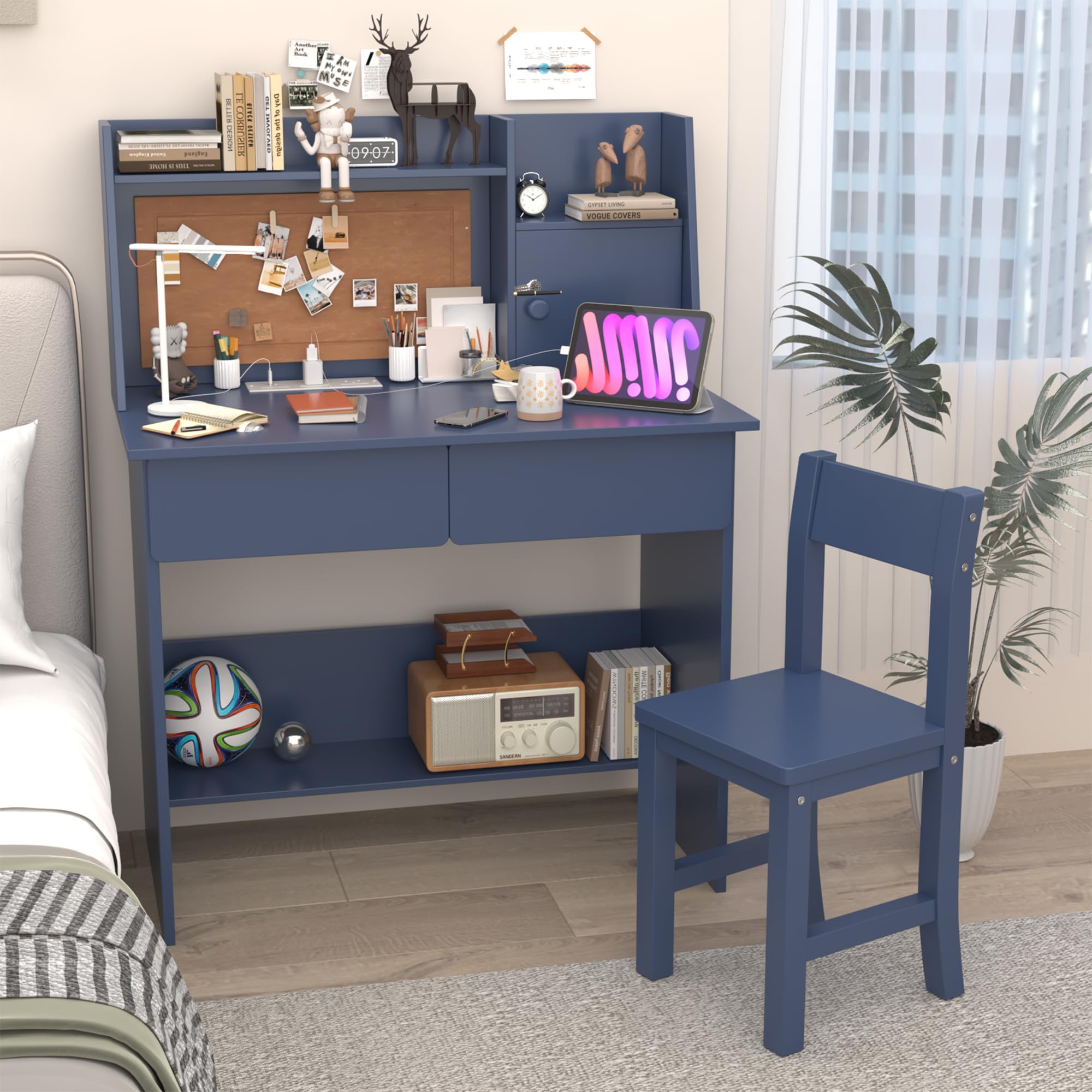 Blue Kids Study Desk and Chair Set with Drawers, Storage Shelf & Charging Station - Ergonomic Computer Desk for Children Ages 5-12 | Perfect for Homeschooling, Online Learning & Bedroom Study Spaces