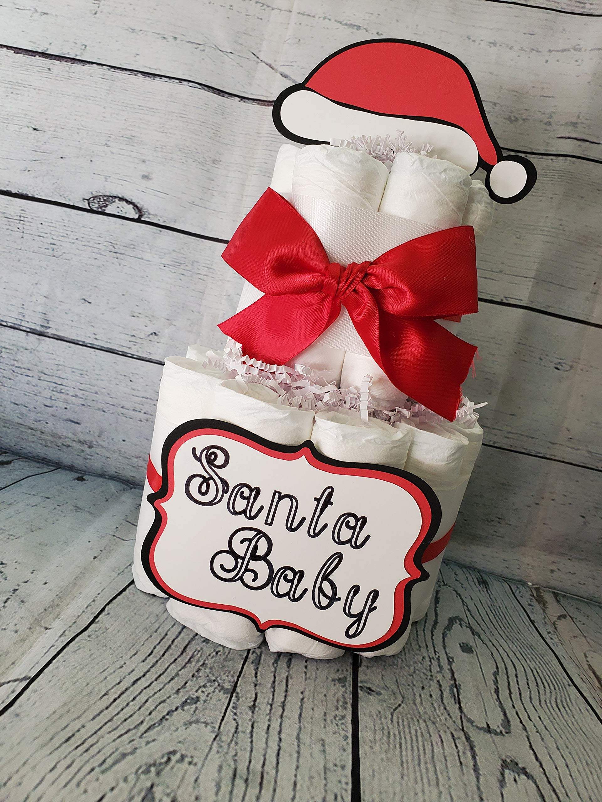 Santa Baby Christmas Theme Diaper Cake 5-Piece Set - 3-Tier Baby Shower Gift (Red/Gold or White) - Perfect for Holiday Baby Showers, Christmas Gifts & Newborn Celebrations