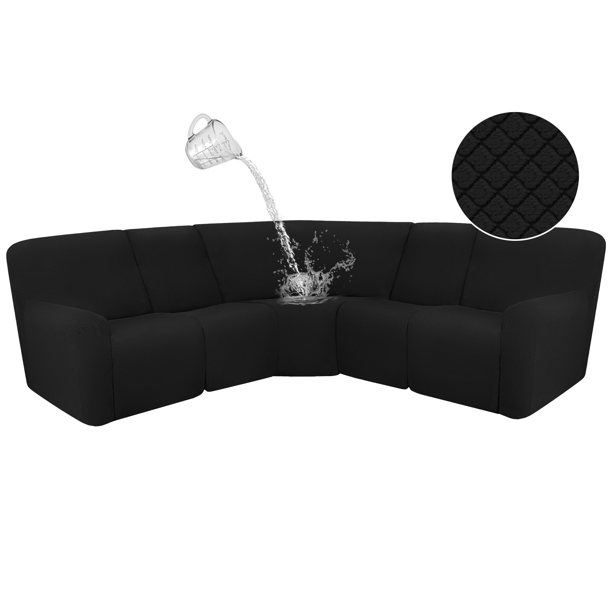 ALIECOM 5-Piece Waterproof Reclining Sectional Sofa Cover - Stretch Jacquard Fabric, L-Shape Corner Couch Slipcover for Recliner Furniture Protector (Black) - Perfect for Living Room, Family Room & Pet-Friendly Homes