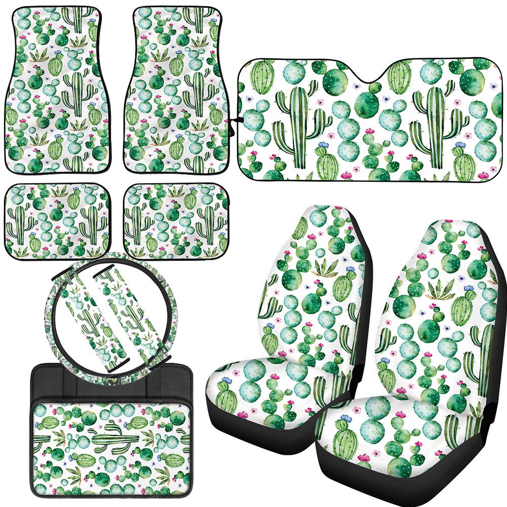 BIGCARJOB 11-Piece Cactus Print Car Accessories Set - Seat Covers, Floor Mats, Windshield Sunshade, Steering Wheel Cover, Center Console Cover - Universal Fit for Most Cars | Perfect for Road Trips, Daily Commutes & Interior Protection