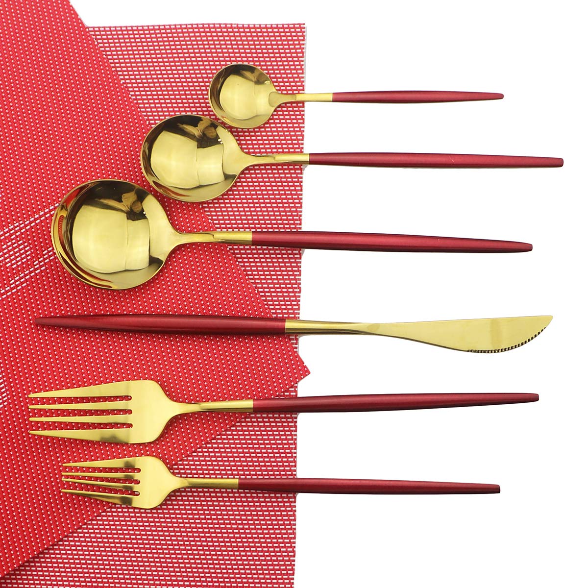 Gugrida 36-Piece Stainless Steel Silverware Set - 304 Mirror Polished Flatware with Red & Gold Handles, Forks Spoons Knives for 6 People, Elegant Curved Design - Perfect for Dinner Parties, Restaurants, and Home Dining